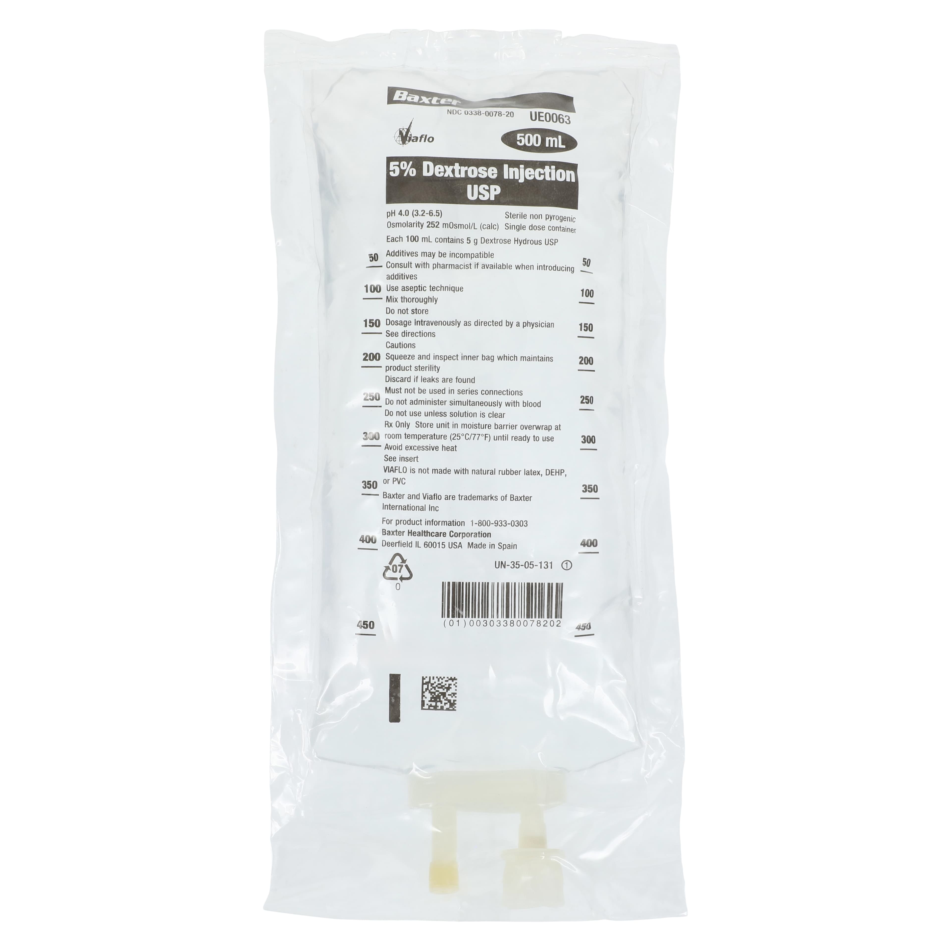 Baxter Dextrose 5% Injection USP, 500 mL IV Solution Bag, DEHP-Free, Each - Dextrose 5% Inj USP Bag - Image 1