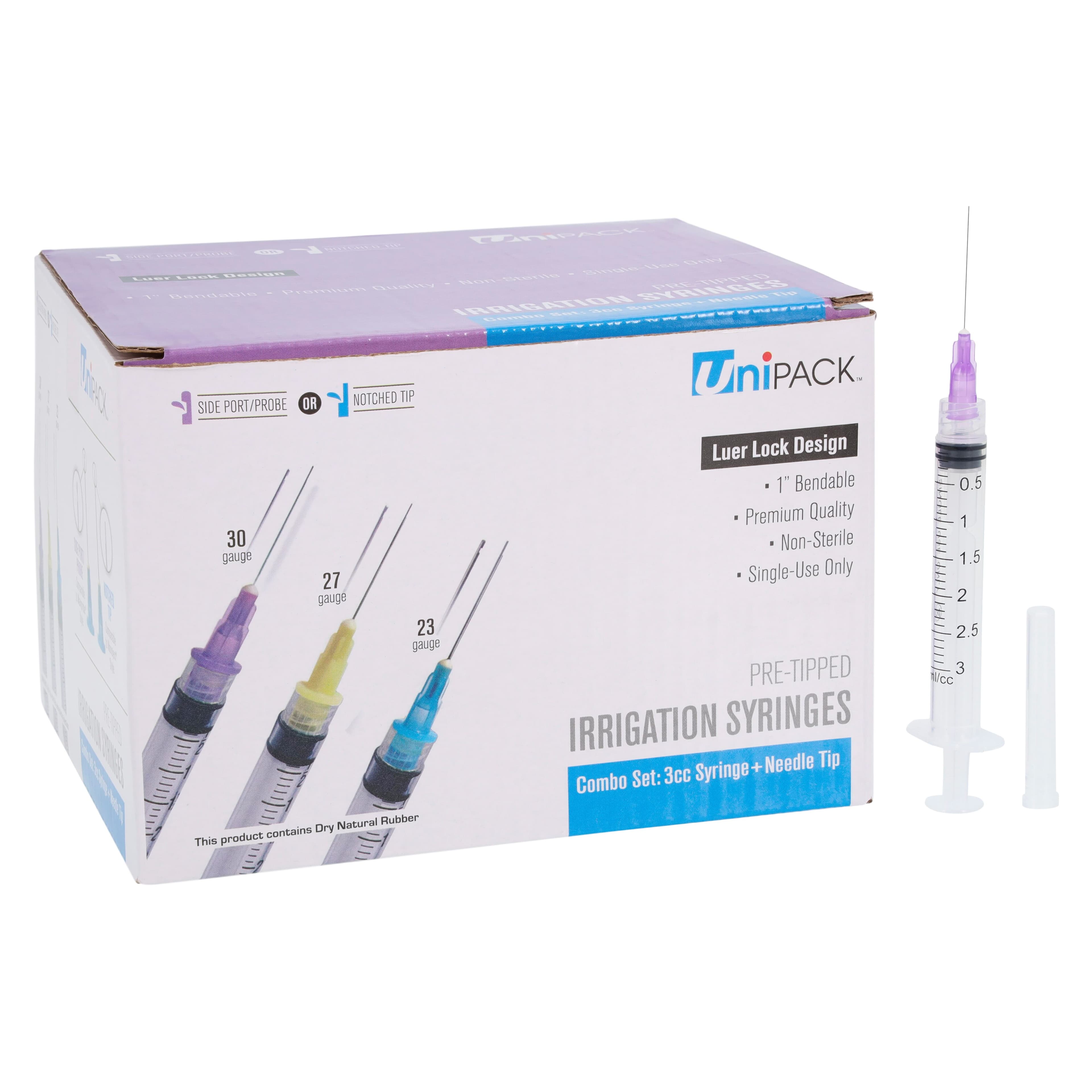 UNiPACK Irrigation Syringe Combo, 3cc, 30 Gauge Luer Lock Side Port/Probe Needle, Purple, Non-Sterile, 100/Box, URN-55103-30 thumbnail 2