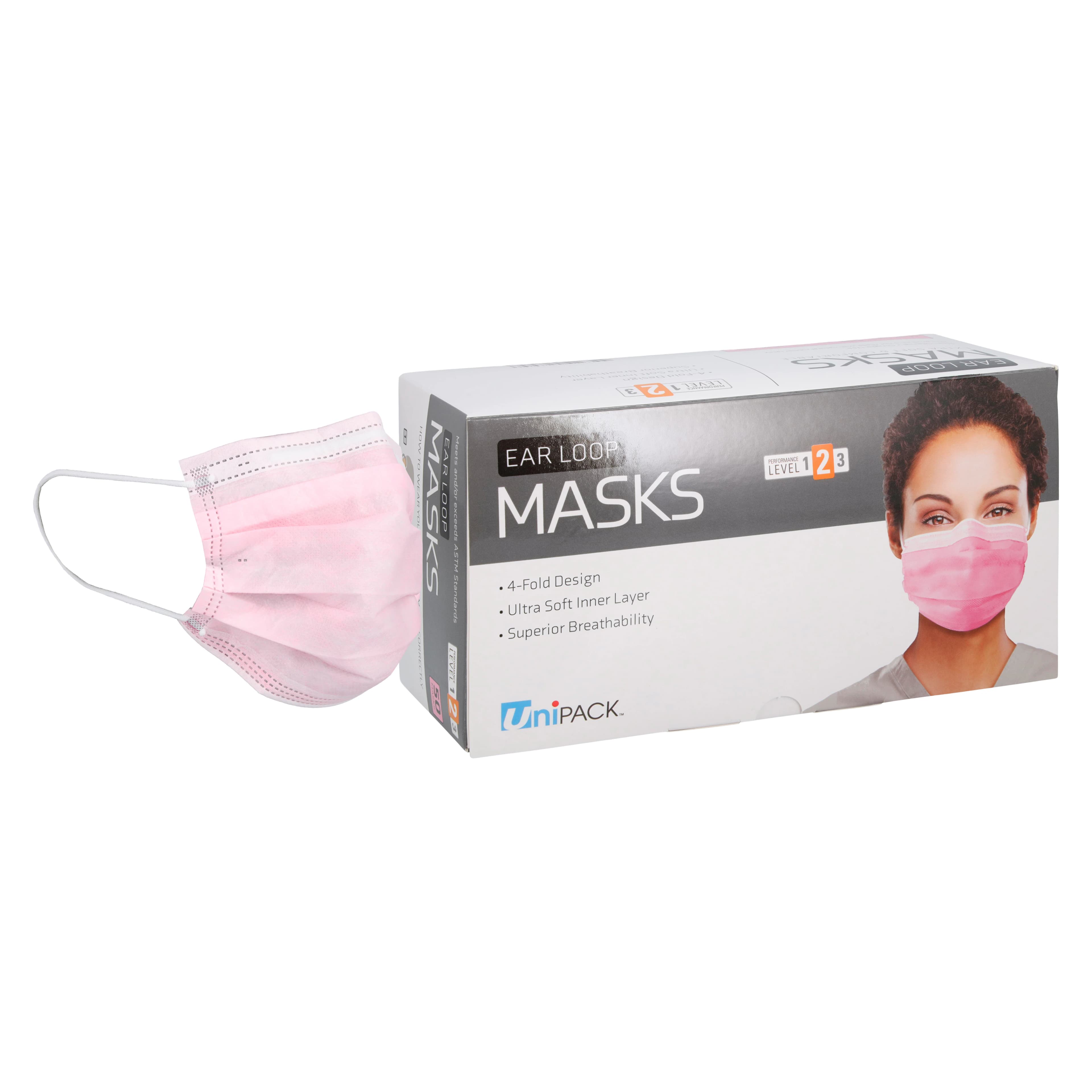 Unipack Medical ASTM Level 2 Earloop Face Mask, Pink, Adult, 50/Box thumbnail 2