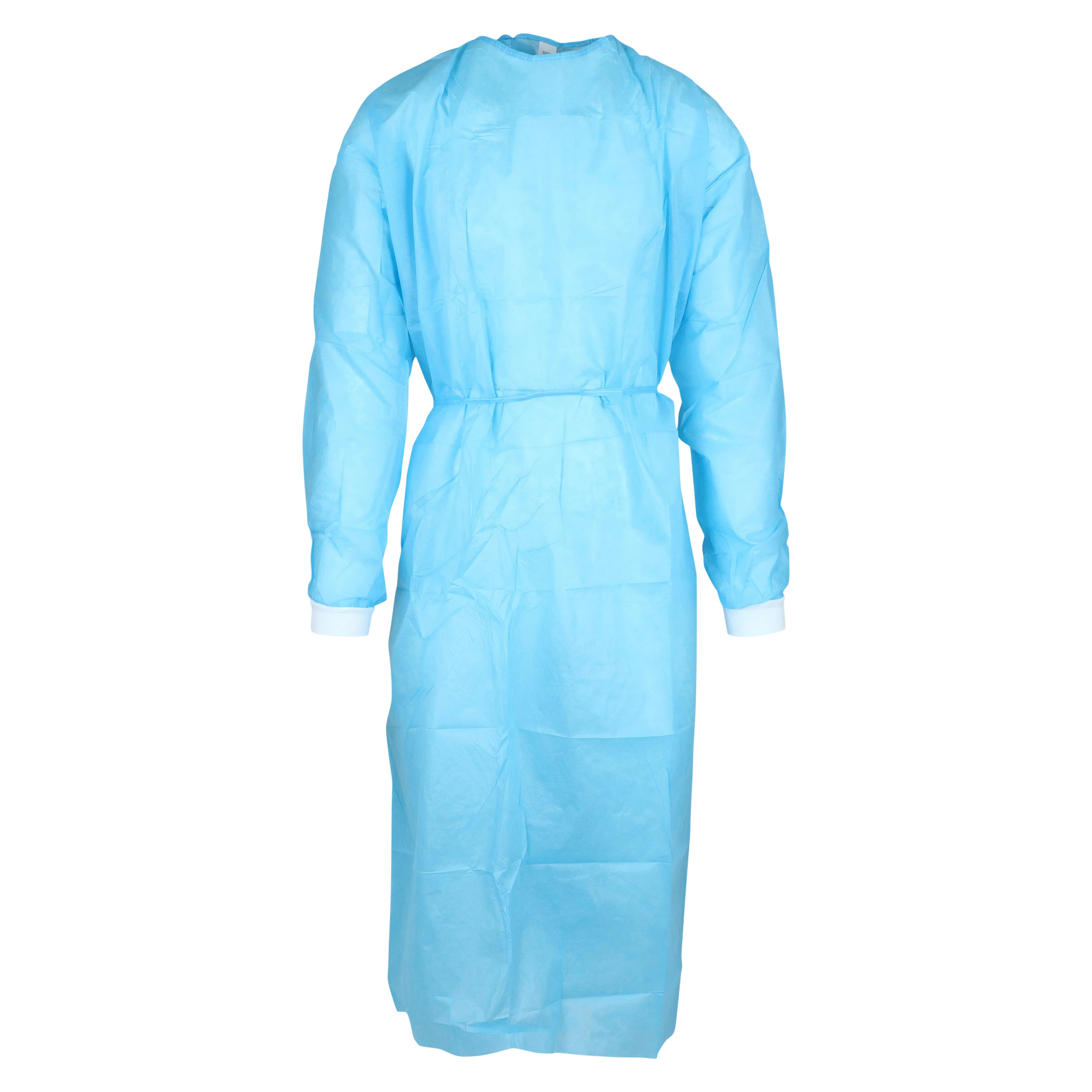 Unipack Disposable Isolation Gown, SMS, Small, Blue, Knee Length, Non-Sterile, Tie Back, Knit Cuff, Long Sleeves, 10/Bag thumbnail 2