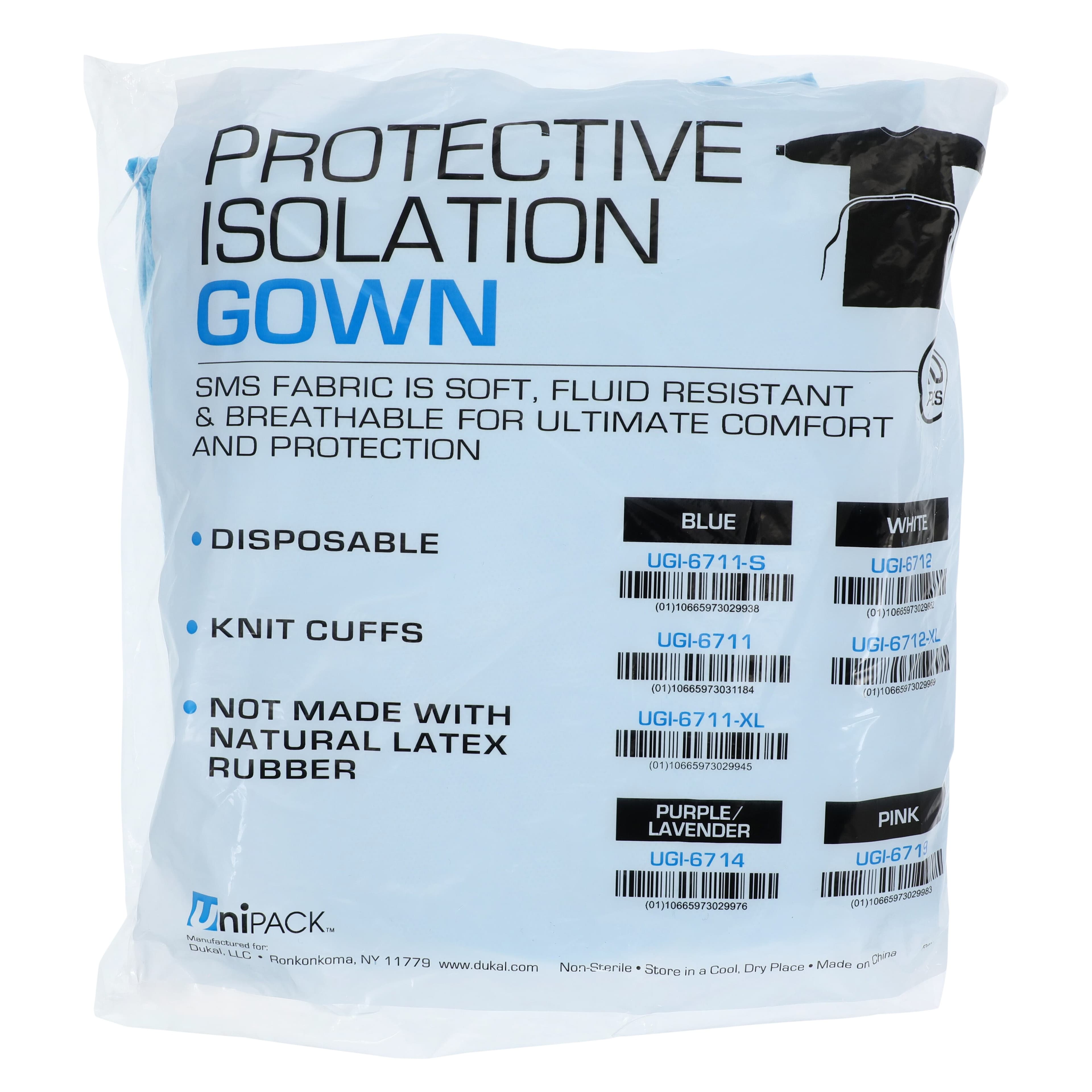 Unipack Disposable Isolation Gown, SMS, Small, Blue, Knee Length, Non-Sterile, Tie Back, Knit Cuff, Long Sleeves, 10/Bag thumbnail 8
