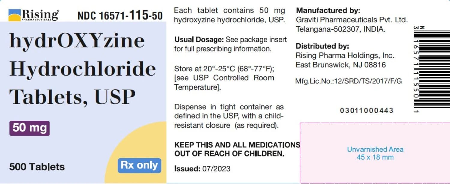 Hydroxyzine HCl Tablets 50 mg, 500 Count Bottle (Rising Pharmaceuticals) - Hydroxyzine HCl Tablets - Image 1