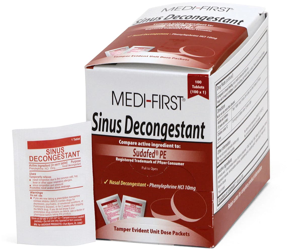 Medi-1st Sinus Decongestant, Pseudoephedrine HCl 10mg Tablets, Unit Dose Packets, 100/Box - Medi-1st Sinus Decongestant - Image 1