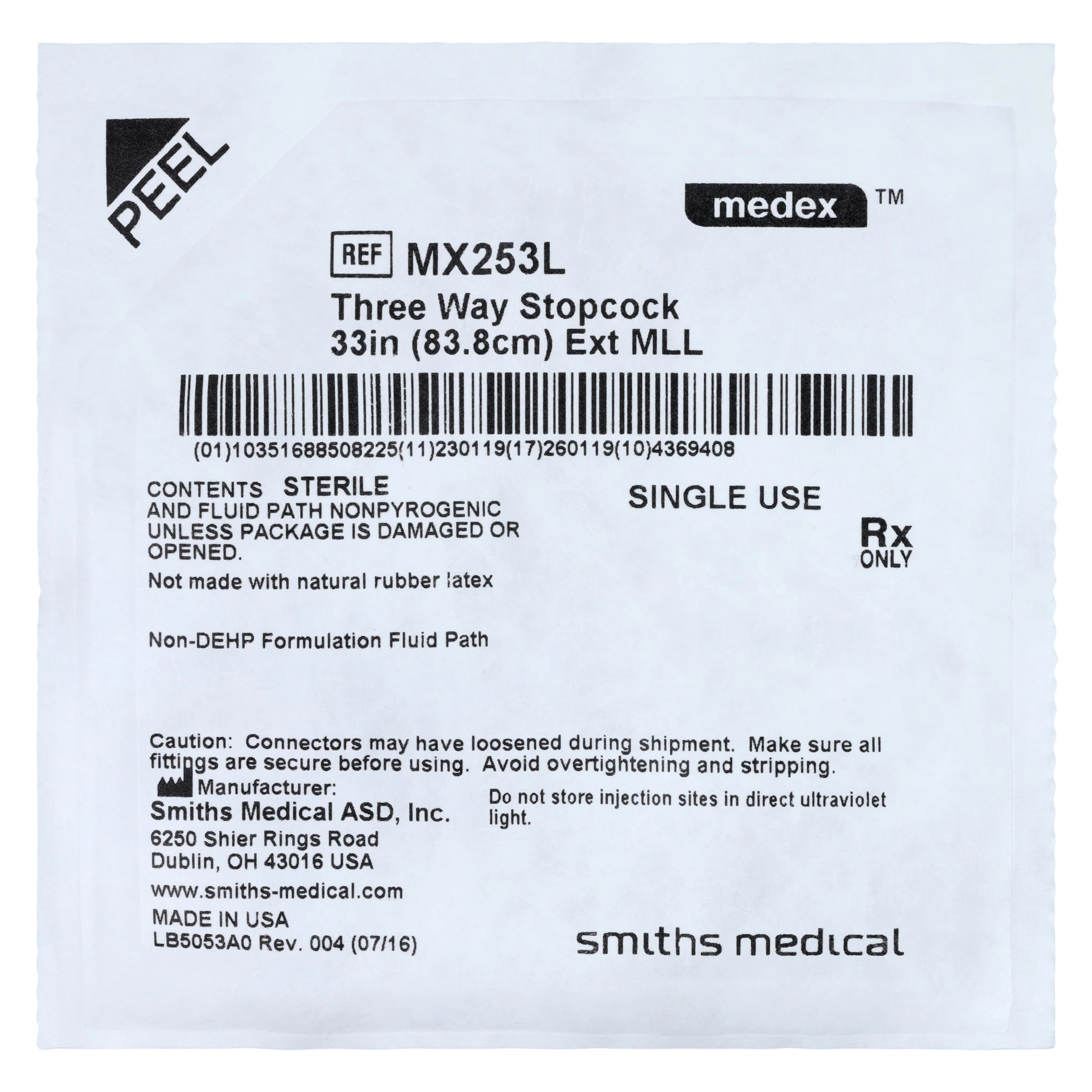 Medex IV Extension Set 3-Way Stopcock with Male Luer Lock, 35", 3.9mL Priming Volume, Non-DEHP, Sterile, 50/Case - Stopcock 3Way w/Male Luer Lock - Image 1