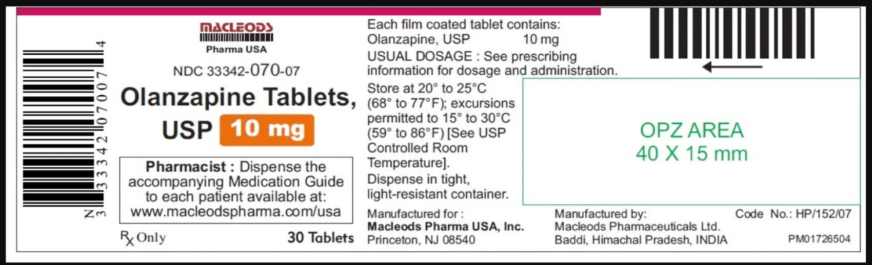 Olanzapine Tablets 10 mg, 30 Count Bottle (Macleod Pharmaceuticals) - Olanzapine Tablets - Image 1