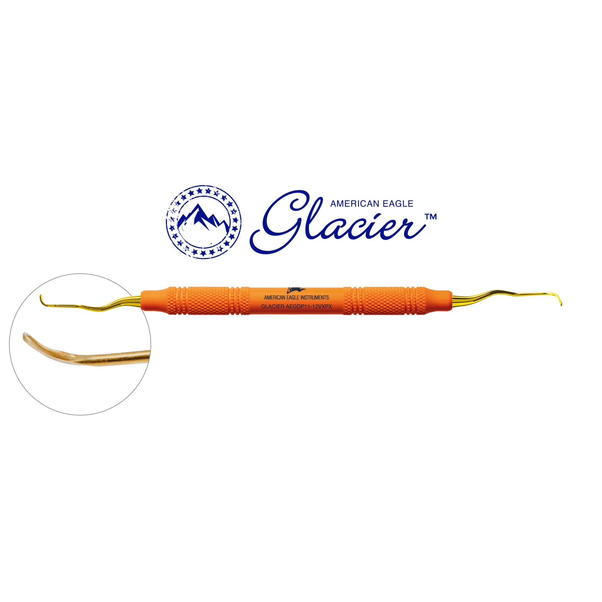 American Eagle Glacier Gracey Deep Pocket Curette 11/12, Mesial, XP SQUARED Technology, EagleLite Resin Handle, Double End, Orange - American Eagle XP SQUARED Technology Glacier Deep Pocket Curette – 11/12 Gracey, Mesial, EagleLite Resin Handle, Double End - American Eagle XP SQUARED Technology Glacier Deep Pocket Curette – 11/12 Gracey, Mesial, EagleLite Resin Handle, Double End - Image 1