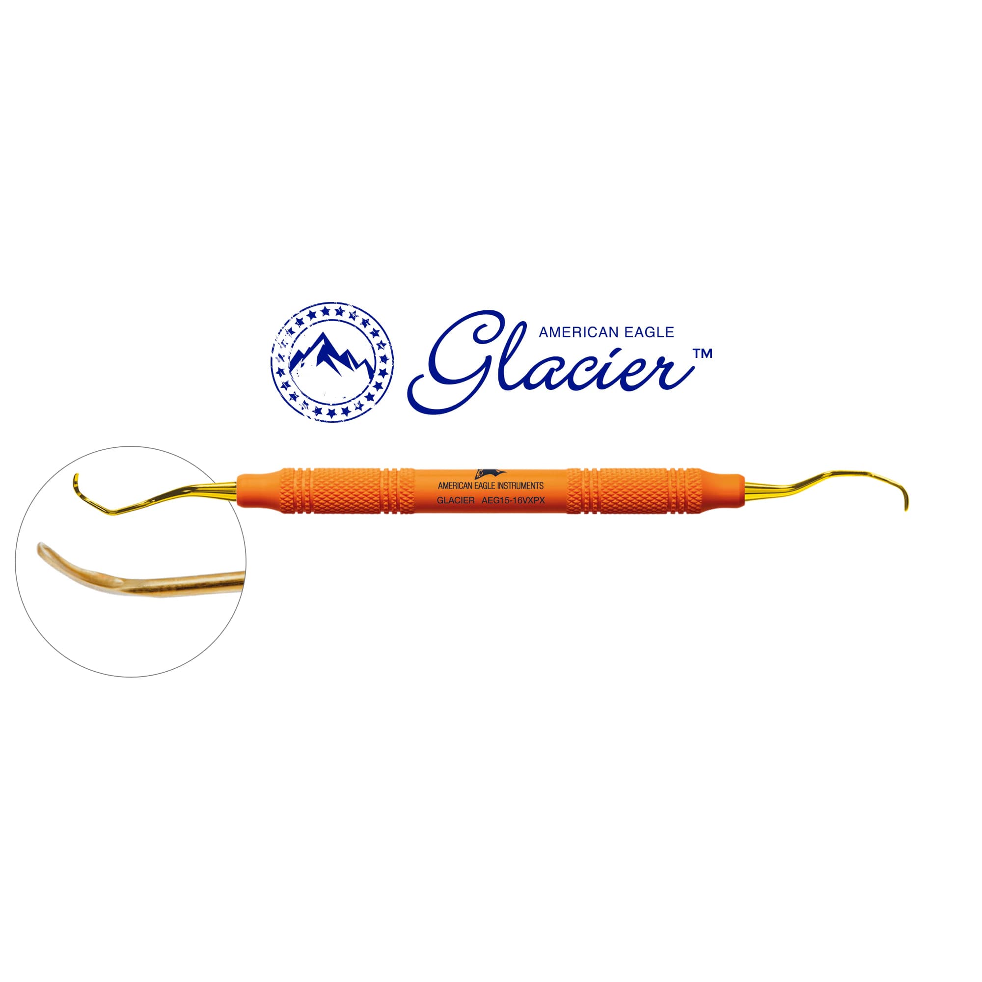 American Eagle XP SQUARED Technology Glacier Curette, 15/16 Gracey, Mesial, EagleLite Resin Handle, Double End, Orange - American Eagle XP SQUARED Technology Glacier Curette – 15/16 Gracey, Mesial, EagleLite Resin Handle, Double End - American Eagle XP SQUARED Technology Glacier Curette – 15/16 Gracey, Mesial, EagleLite Resin Handle, Double End - Image 1
