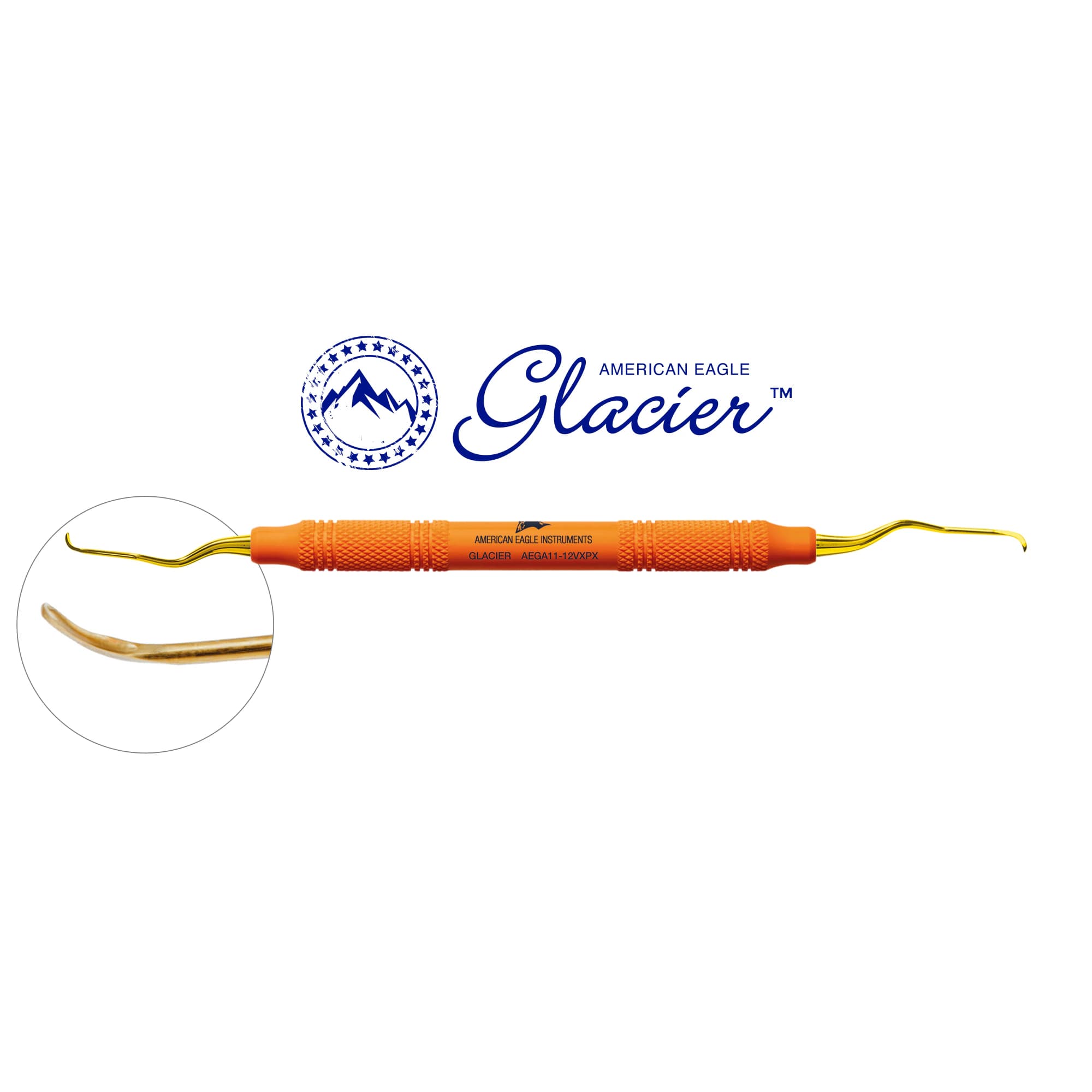 American Eagle Glacier Gracey +3 Access 11/12 Posterior Mesial Curette, XP SQUARED Technology, EagleLite Resin Handle, Orange, Double End - American Eagle® Glacier™ Gracey +3 Access 11-12 Posterior Mesial with XP® SQUARED Technology and EagleLite™ Resin Handle Orange - Image 1