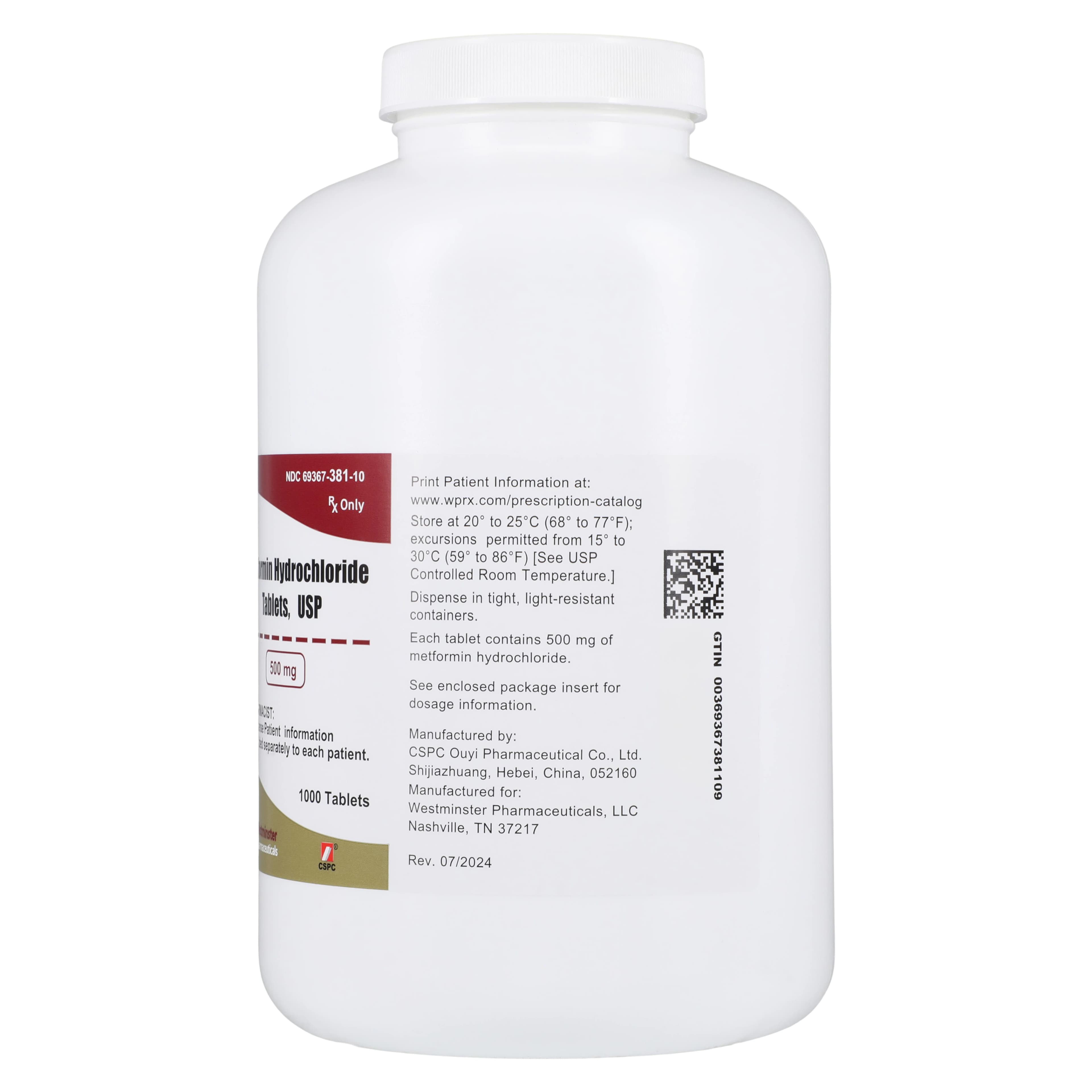 Metformin HCl Tablets 500mg, 1000 Count Bottle (Westminster Pharma) thumbnail 2