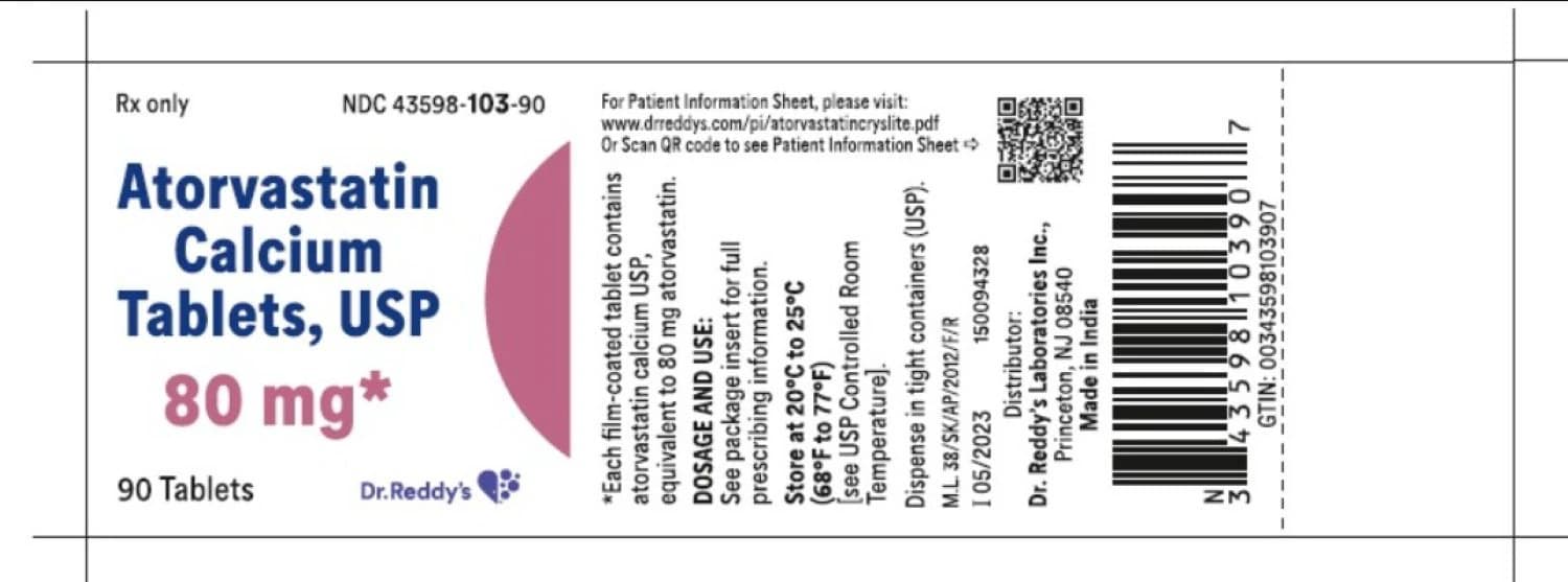 Atorvastatin Calcium Tablets, 80mg, 90/Bottle, Dr. Reddy's Laboratories - Atorvastatin Calcium Tablets - Image 1