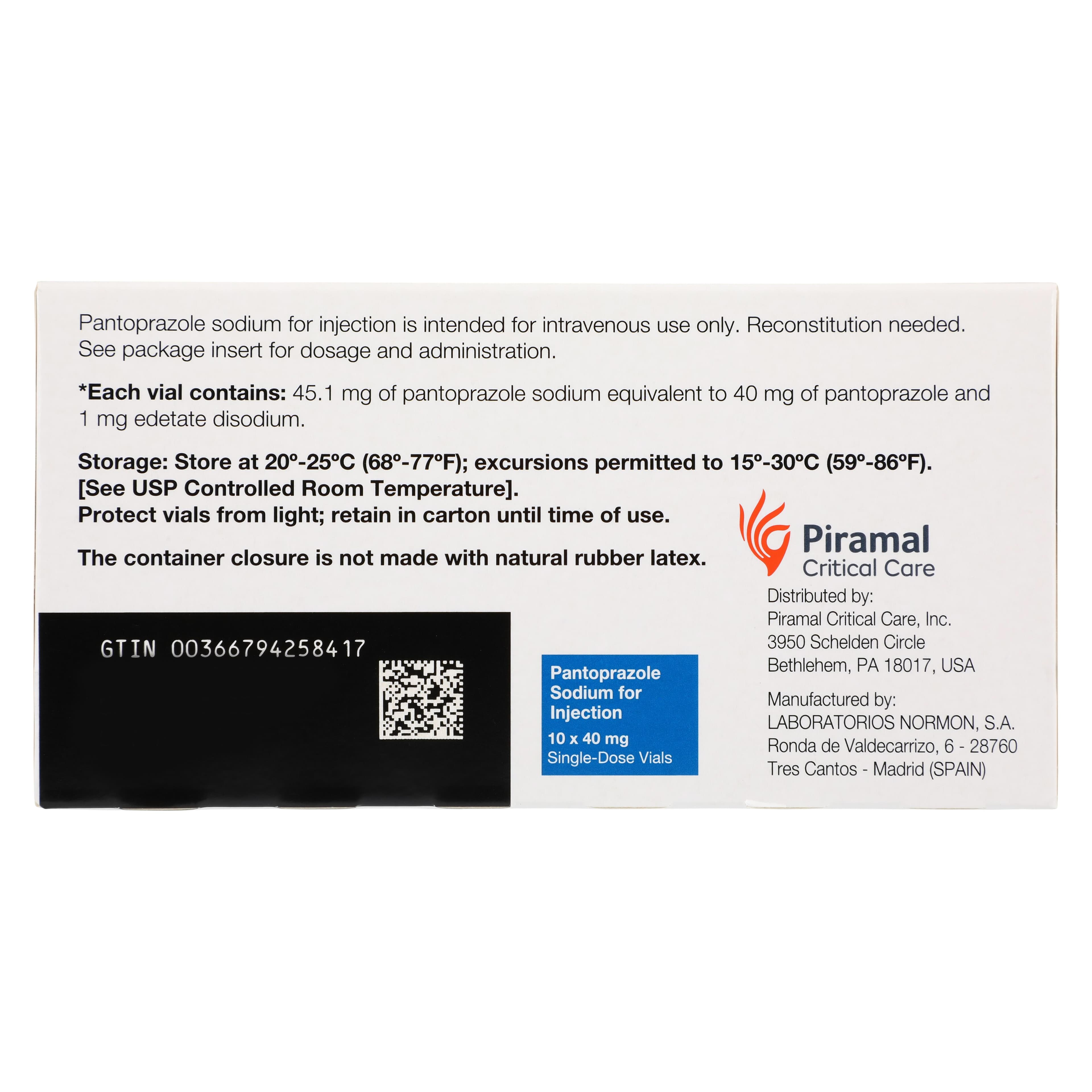Pantoprazole Sodium Injection 40 mg/vial, Single-Dose Vial, 10/Package (Piramal Critical Care) thumbnail 4