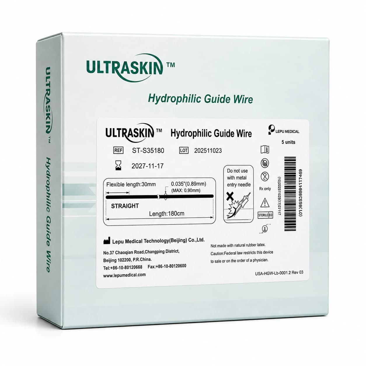 Lepu Medical Ultraskin Stiff Body Guidewire, 0.035" x 180cm, Straight - Guidewire Ultraskin Strght Stf - Image 1