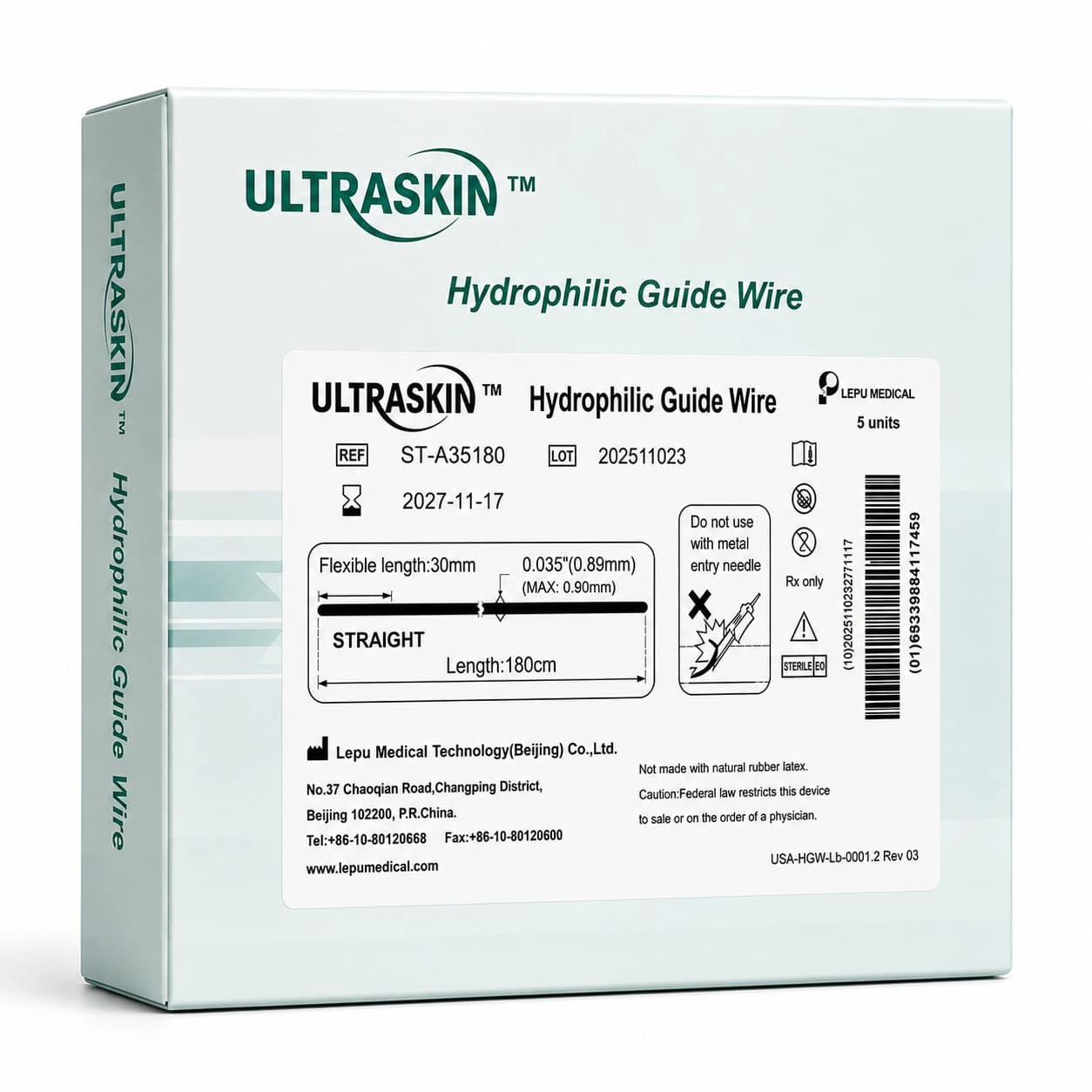 Lepu Medical Ultraskin Stiff Body Guidewire, 0.035" x 180 cm, Angled Tip - Guidewire Ultraskin Angl Stiff - Image 1
