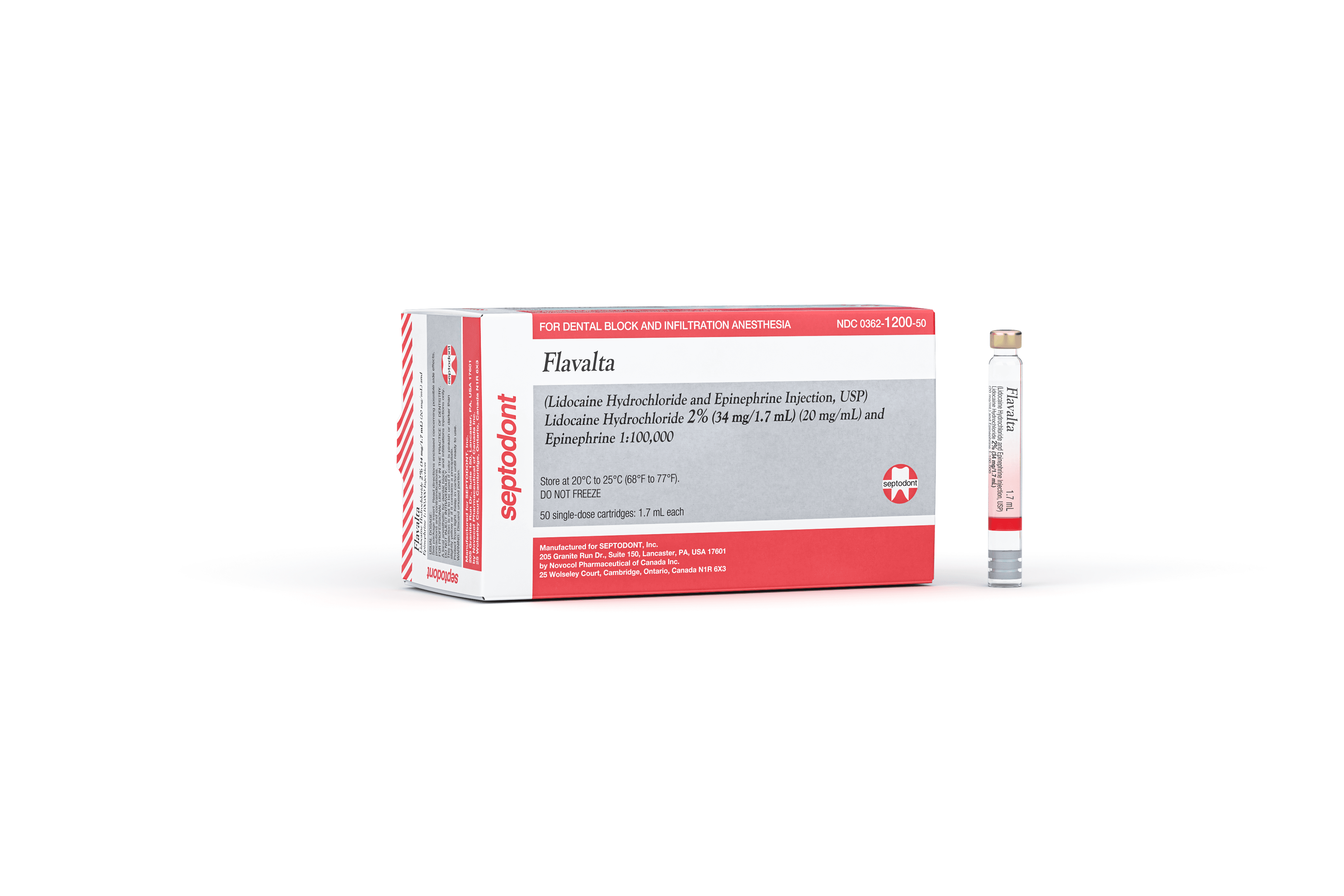 Flavalta Lidocaine HCl 2% with Epinephrine 1:100,000 Dental Anesthetic Cartridges, 1.7 mL, 50/Box, NDC 00362-1200-50 - Flavalta Lidocaine Hydrochloride 2% and Epinephrine - Image 1