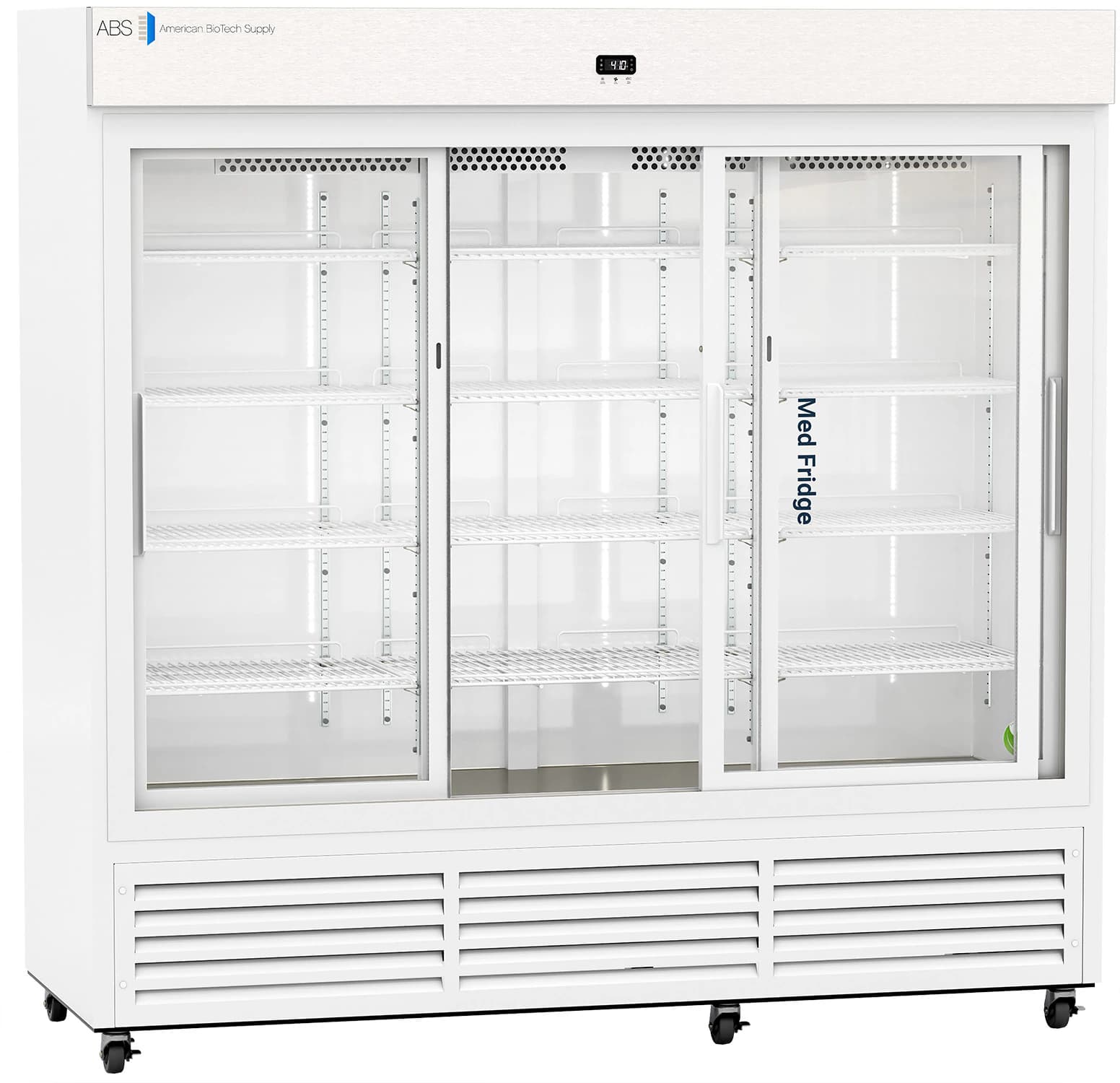 American Biotech Supply Pharmacy Refrigerator, 69 Cu Ft, 3 Glass Doors, Sliding/Self-Closing, 36-46°F, Cycle Defrost, 01KWVT5YSCRQXR82Y2RMP2ZAZS - Fridge Pharma Std Glass - Image 1