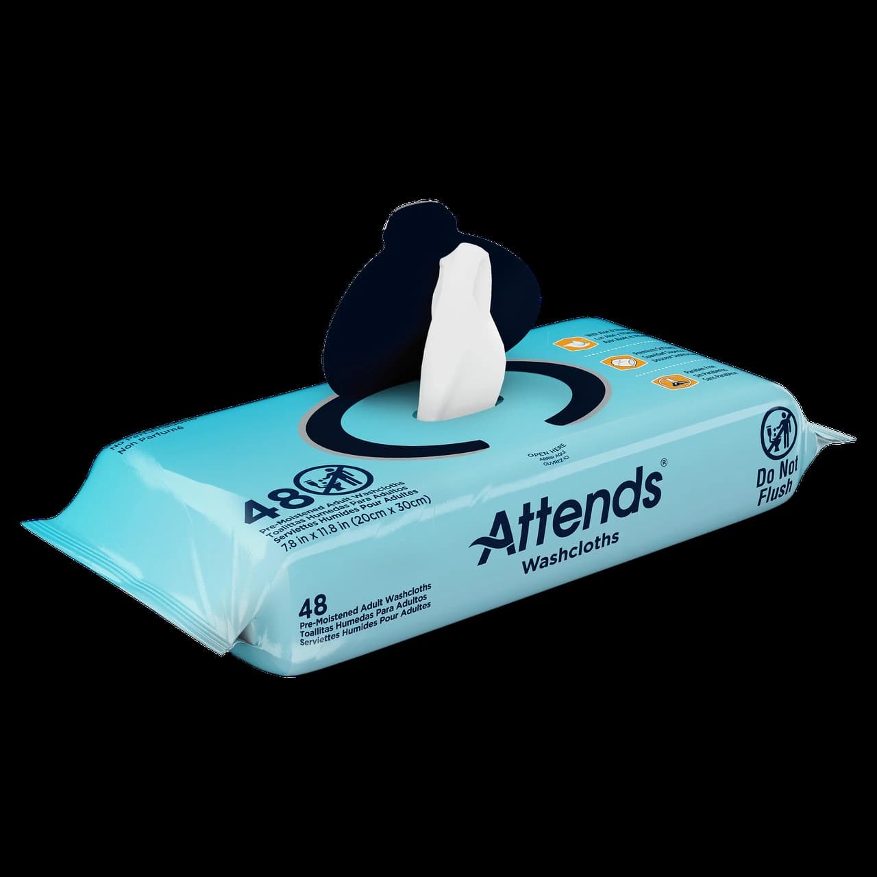 Attends Moisturizing Washcloths, Unscented, Disposable, Hypoallergenic, 7.8 x 11.8 Inches, 48 Count per Pack, 576/Case - Washcloths Unscented Attends - Image 1