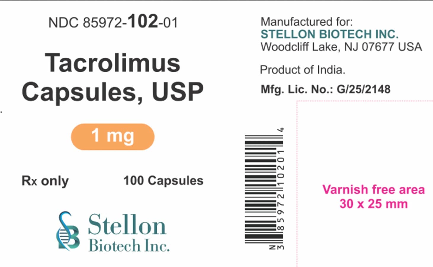 Tacrolimus Capsules, 1mg, 100/Bottle, Stellon Biotech - Tacrolimus Capsules - Image 1