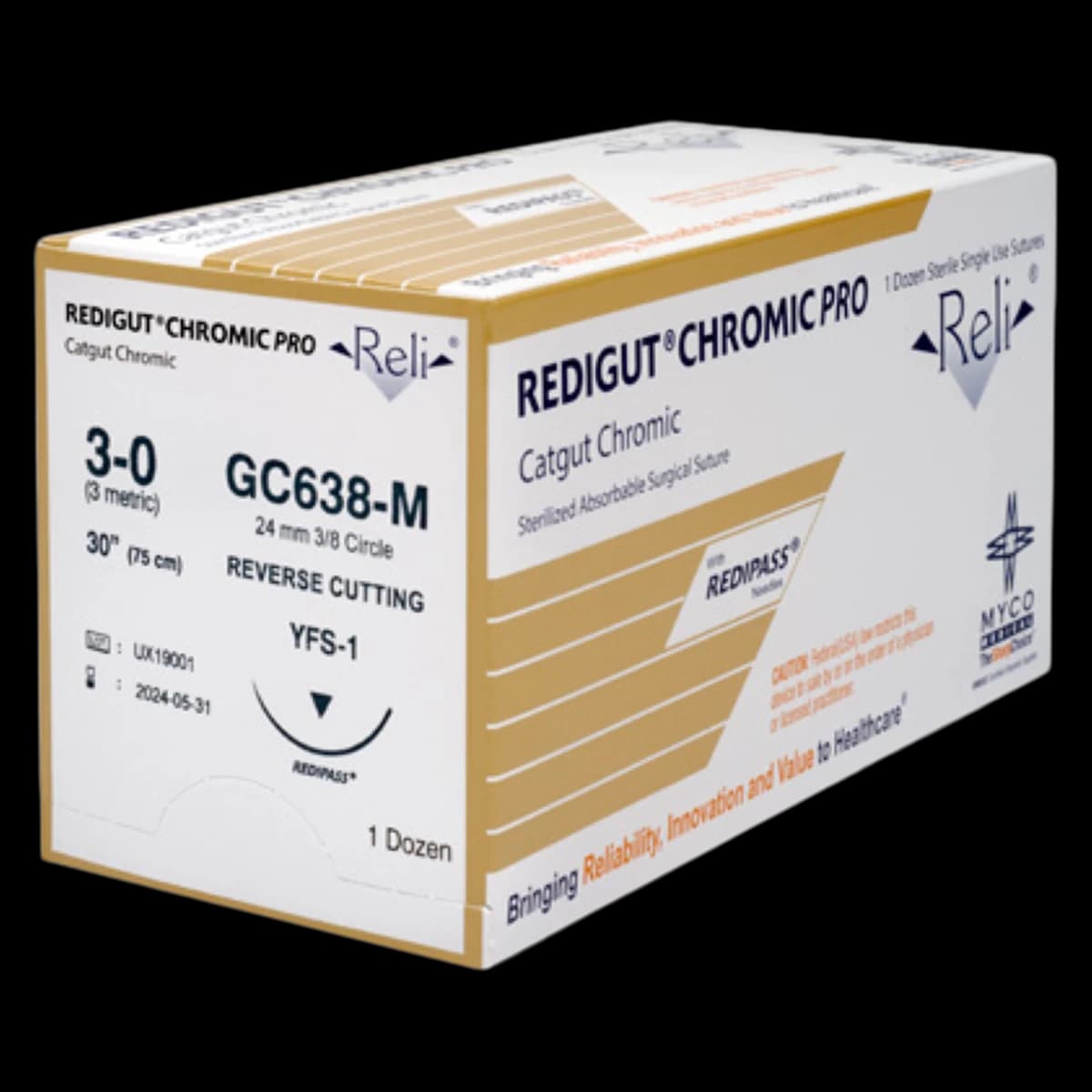 Myco Medical Reli Pro Redigut Chromic Gut Suture, 3-0, Natural, 30", YFS-1 Reverse Cutting 3/8 Circle Needle 24mm, 12/Box, GC638-M - Suture Redigut Chromic - Image 1