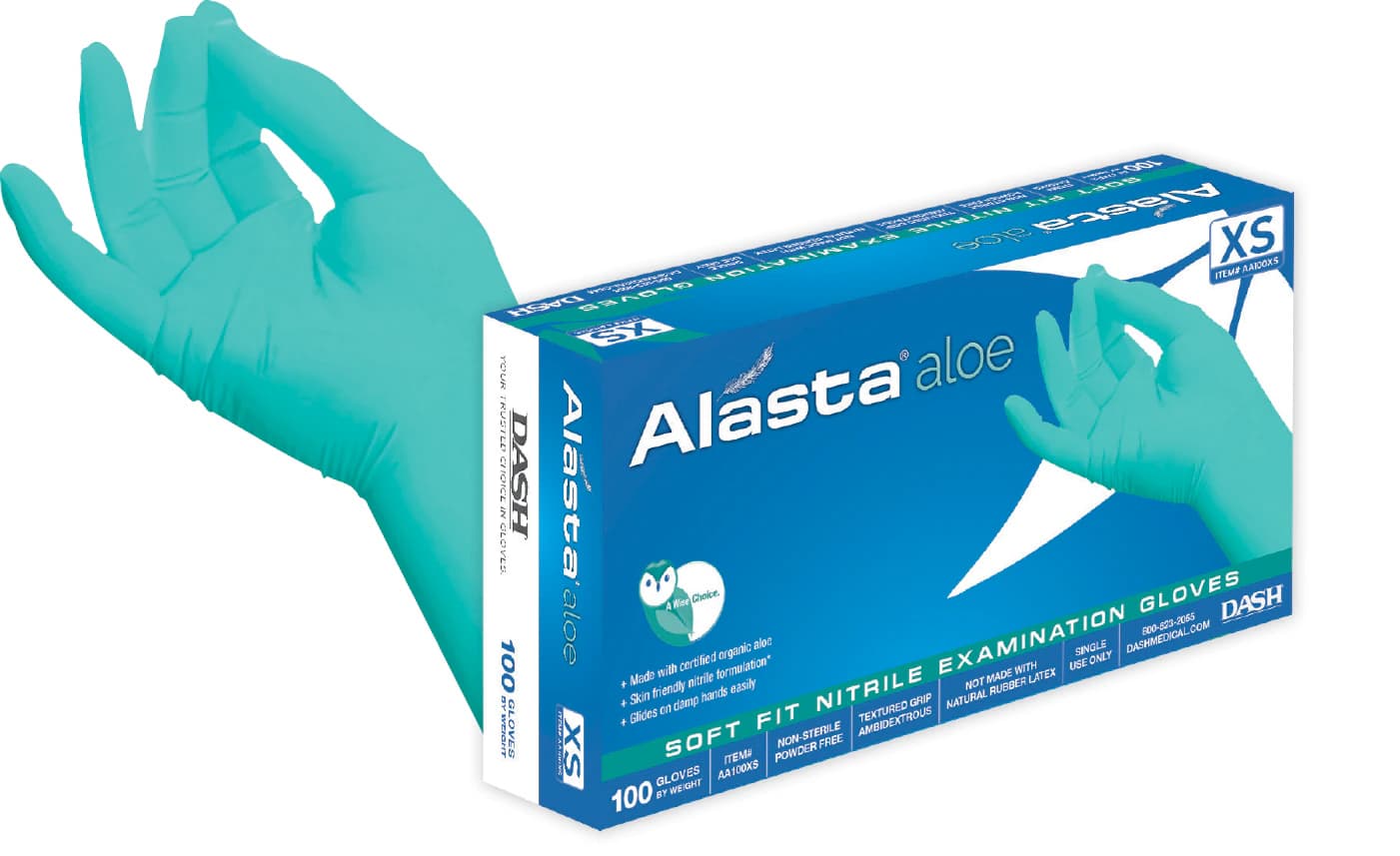 Alasta™ Aloe Soft-Fit™ Nitrile Exam Gloves, Powder Free, Non-Sterile, Extra Small, Green, Textured, 100/Box, AA100XS - Alasta™ Aloe Soft-Fit™ Nitrile Exam Gloves – Powder Free, 100/Box - Extra Small - Image 1