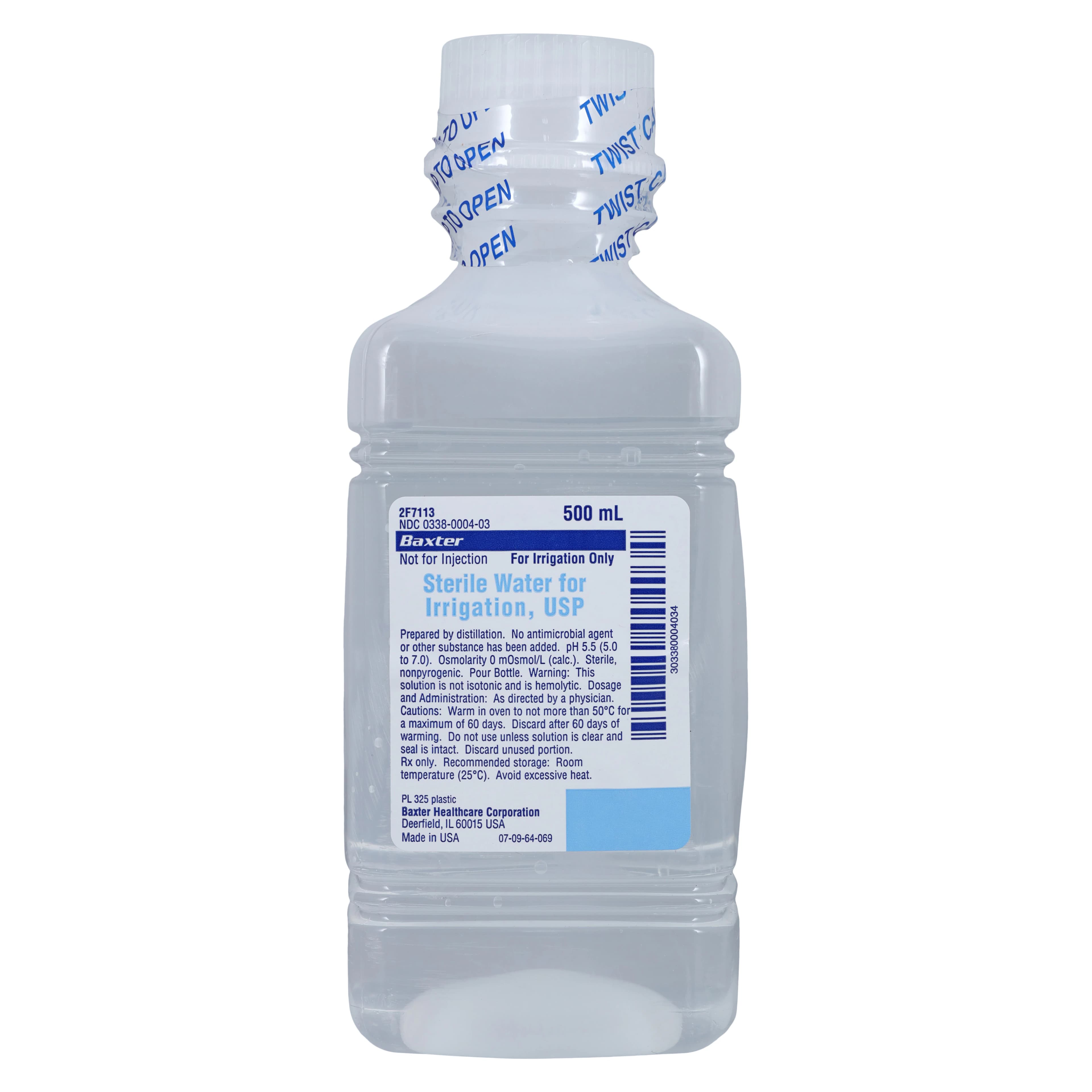 Baxter Sterile Water for Irrigation USP, 500 mL Plastic Pour Bottle, 2F7113 - Irrigation Solution Sterile Water 500mL Plastic Pour Bottle Each - Image 1