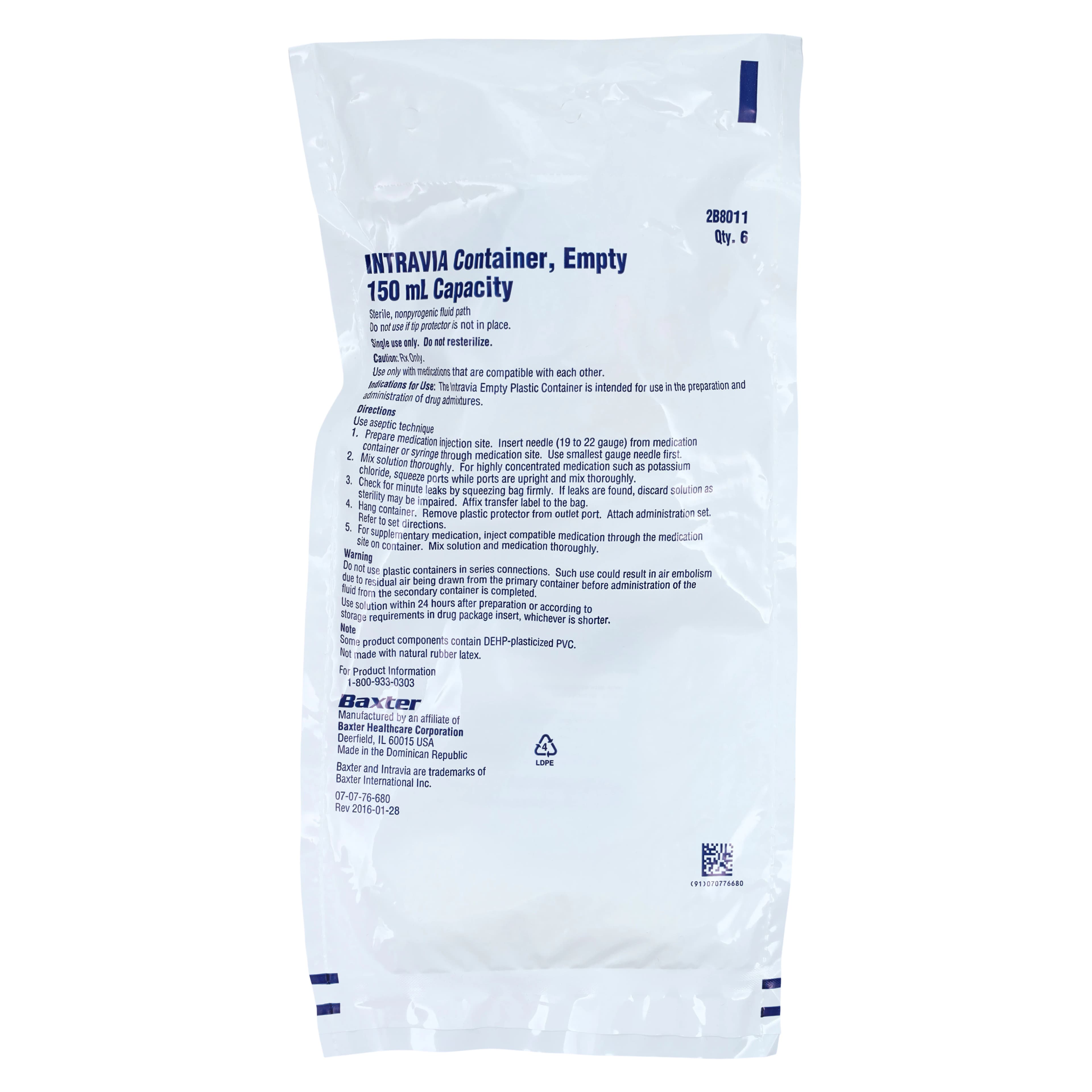 Baxter Intravia Empty IV Container with Port, 150 mL, Sterile, 6/Pk thumbnail 3