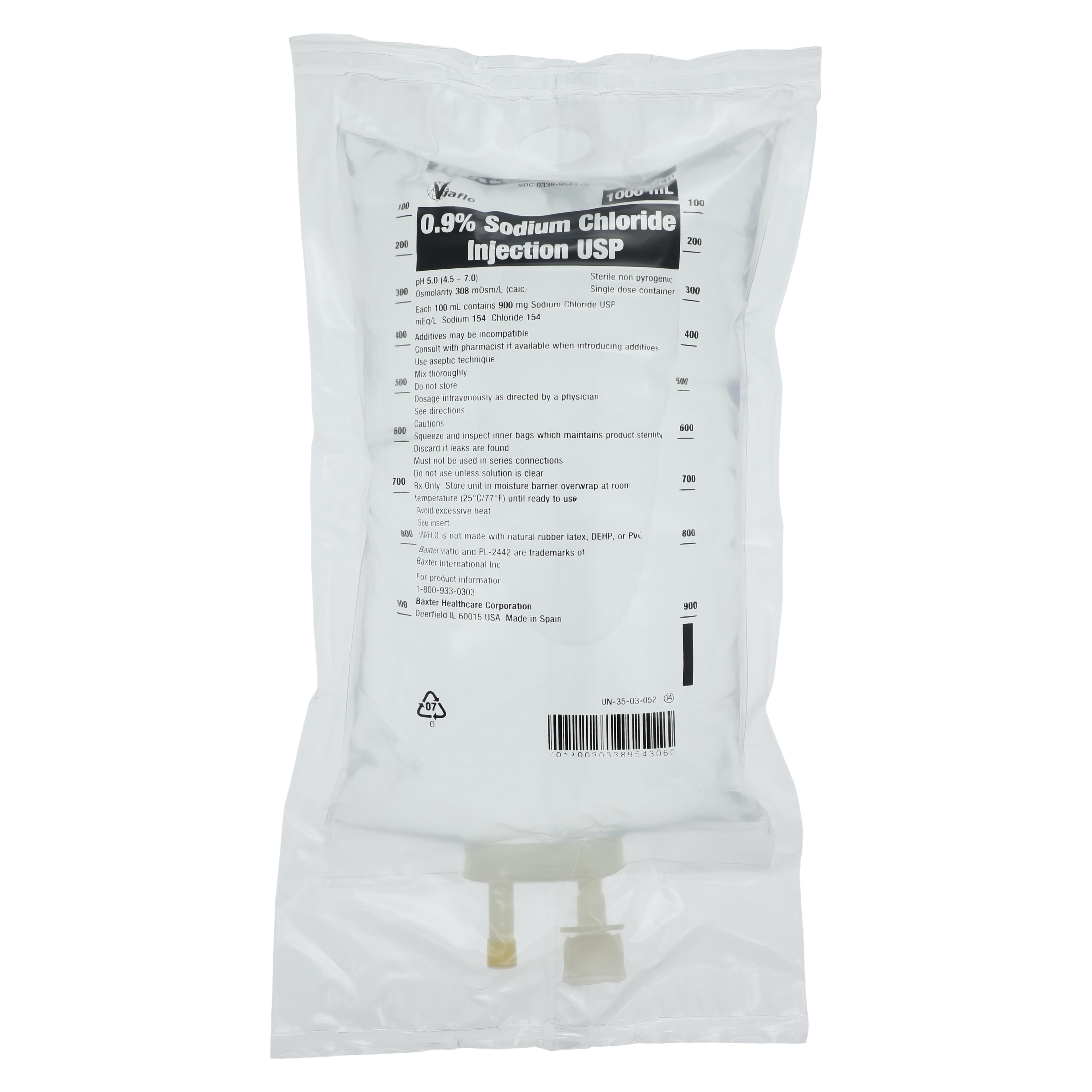 Baxter Viaflo Sodium Chloride 0.9% IV Injection Solution, USP, 1000 mL, DEHP-Free, Sterile, 10/Case - Sodium Chloride 0.9% Inj Bag - Image 1