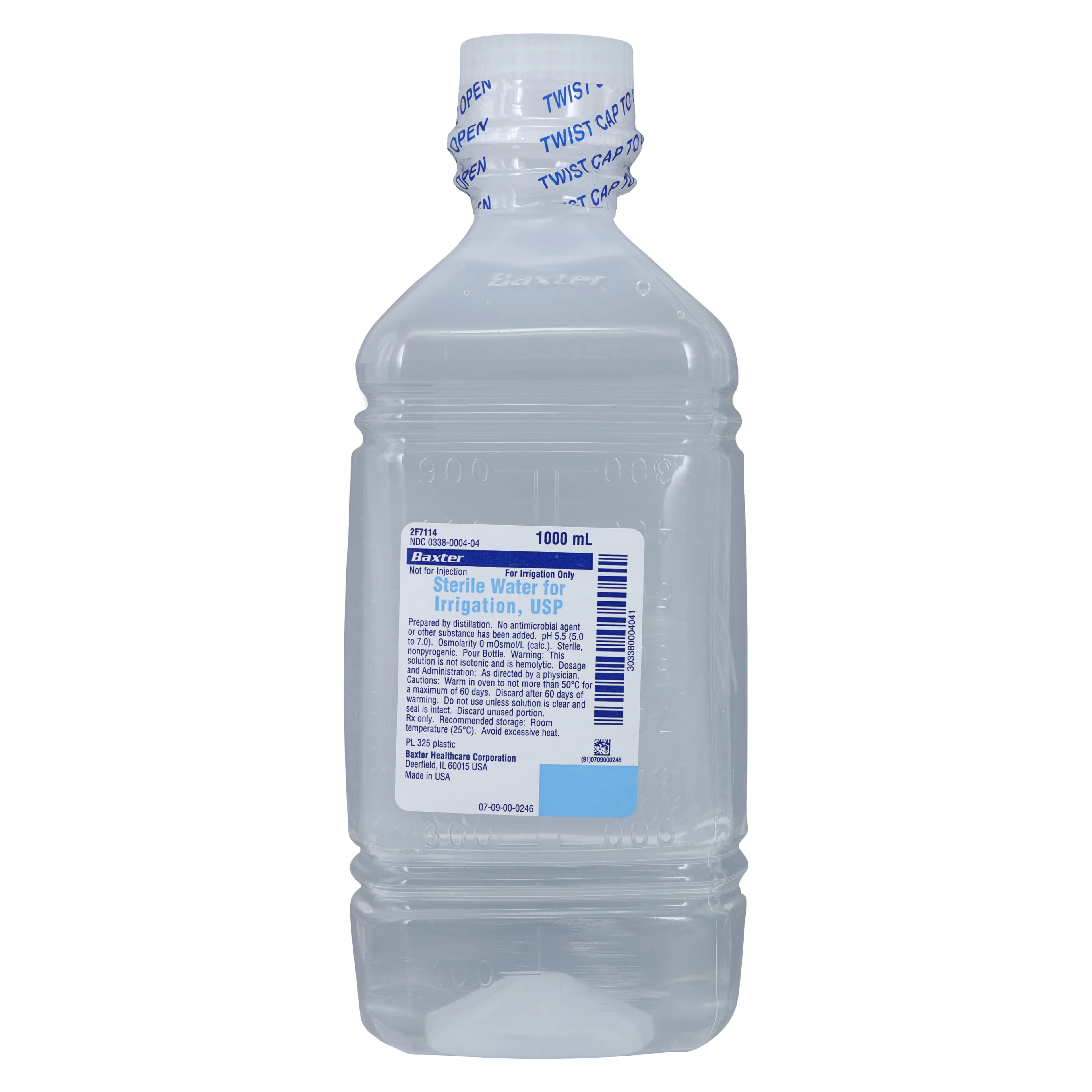 Baxter Sterile Water for Irrigation USP, 1000mL Plastic Pour Bottle, 2F7114 - Irrigation Solution Sterile Water 1000mL Plastic Pour Bottle Each - Image 1