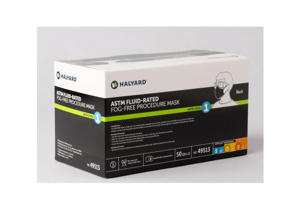 HALYARD Procedure Mask ASTM Level 1, Ear Loop, Black, Anti-Fog Foam, 50/Box thumbnail 2