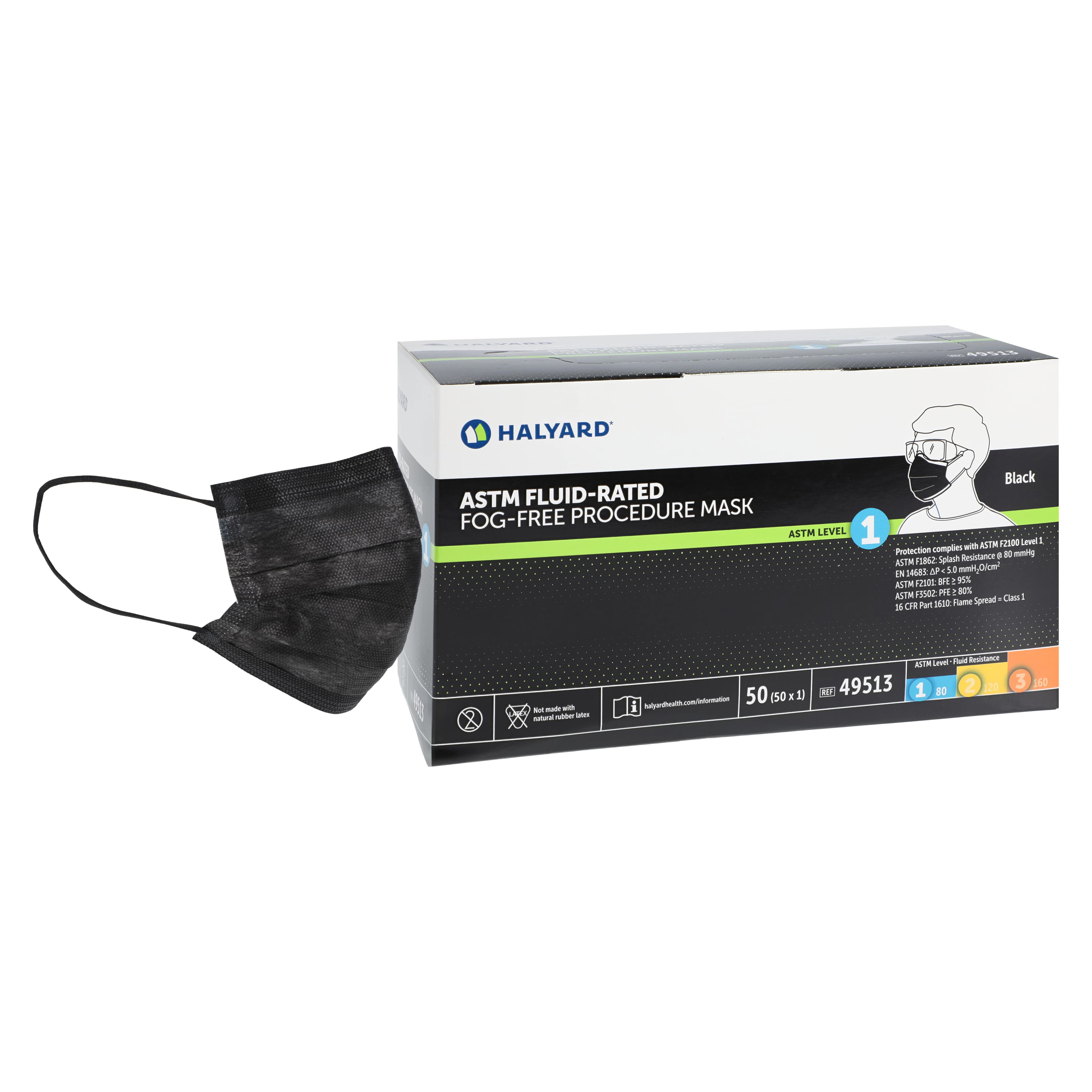 HALYARD Procedure Mask ASTM Level 1, Ear Loop, Black, Anti-Fog Foam, 50/Box - HALYARD* Procedure Mask ASTM Level 1 Black Box of 50 - Image 1