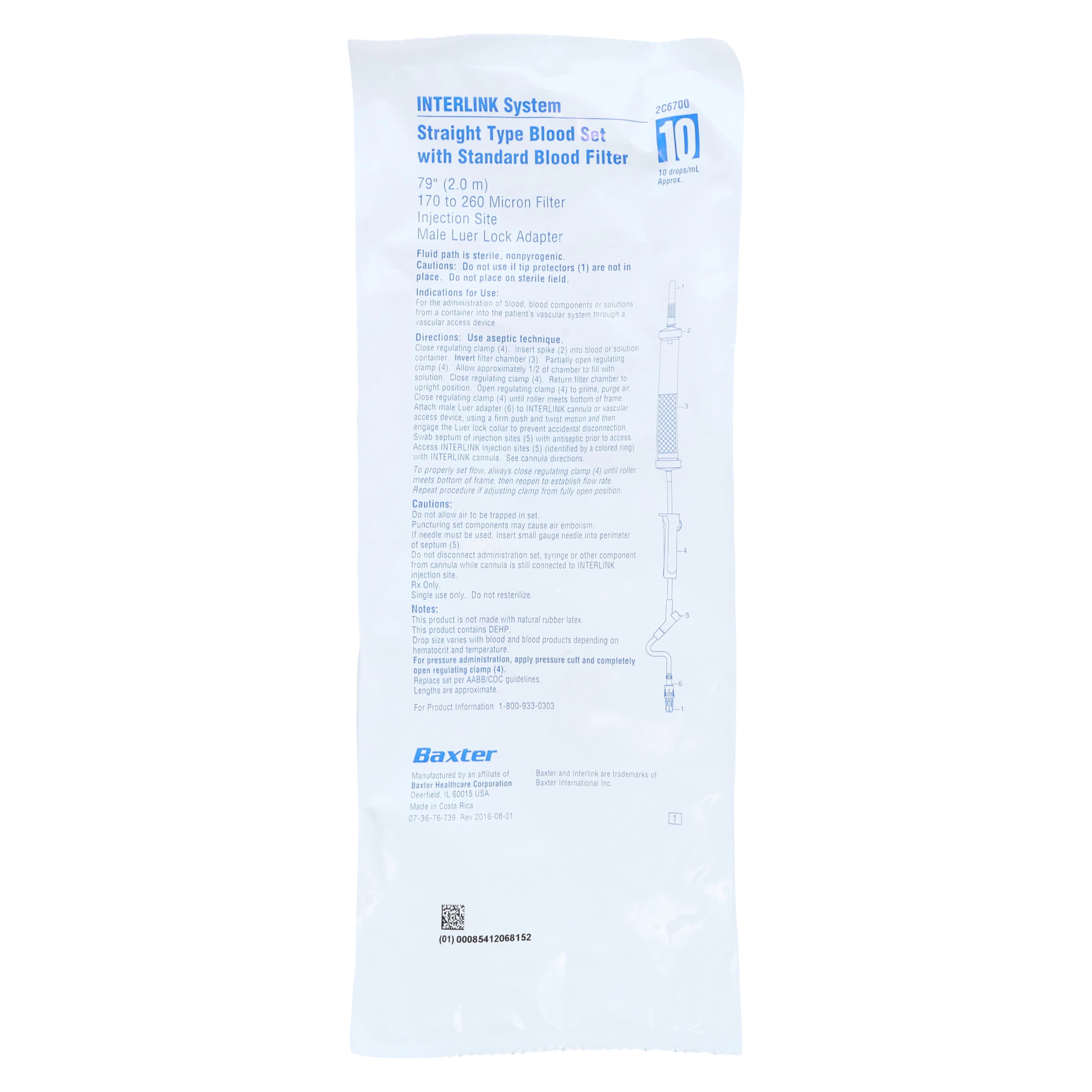 Baxter Interlink Blood Collection Set, Straight Type, 77" Male Luer Lock, 10 Drops/mL, Sterile, Latex-Free, 48/Case - Blood Set Straight Type - Image 1