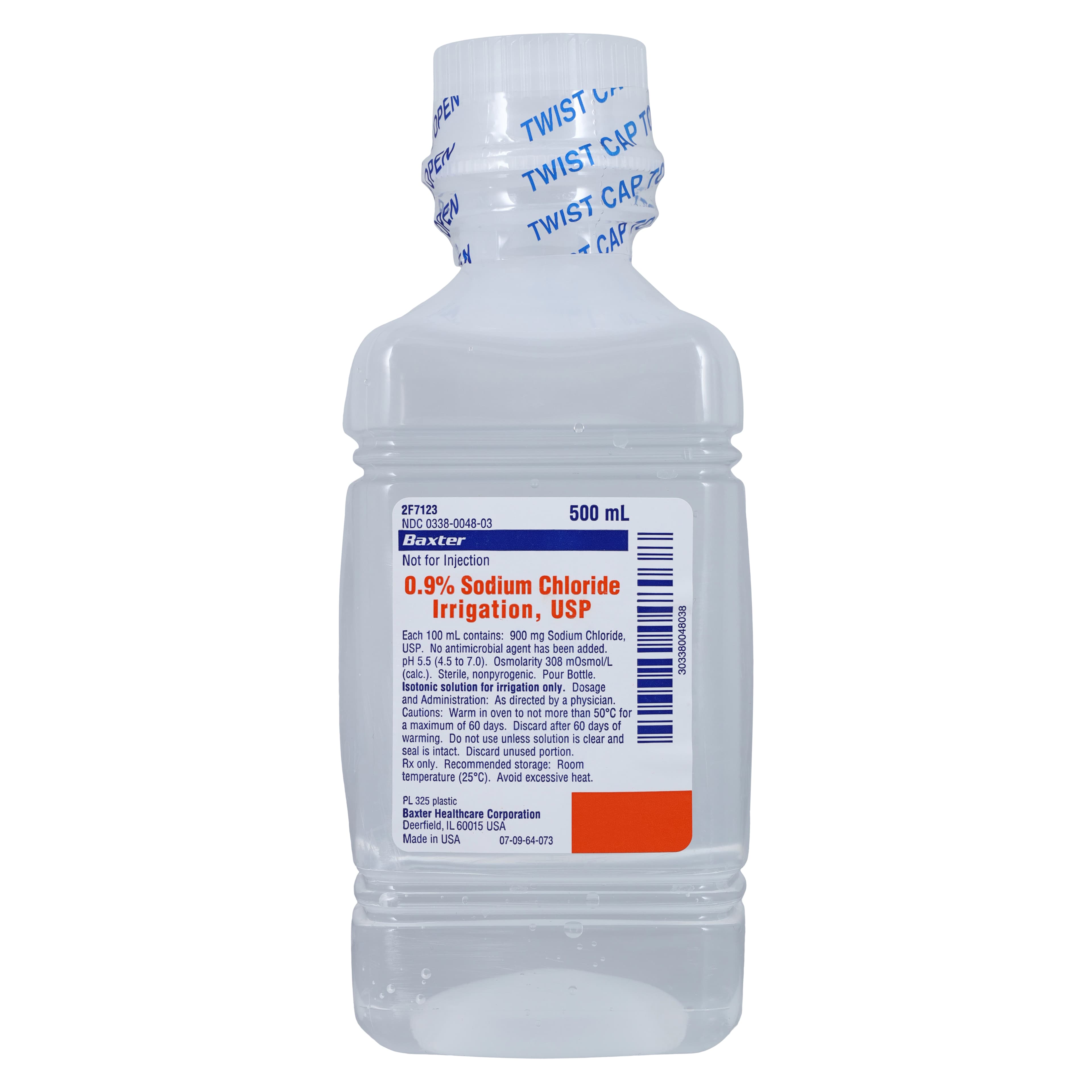 Baxter 0.9% Sodium Chloride Irrigation USP, 500 mL Plastic Pour Bottle, 2F7123 - Sodium Chloride Irrigation 0.9% 500mL - Image 1