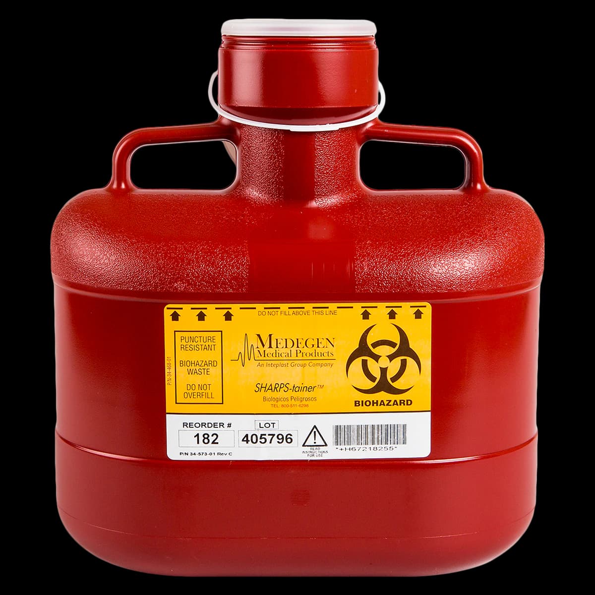 Medegen Non-Stackable Sharps Container, Medium, 6.2 qt, Red/Black, 10 x 6 x 11 in, Vertical Entry Locking Cap, Polypropylene - Sharps Cont Non-Stackable - Image 1