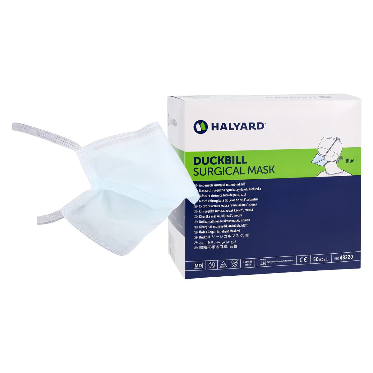 Halyard Surgical Tie-On Mask, Blue, Disposable, Non-Latex, 50/Box - Masks Surgical Duck Billed - Image 1