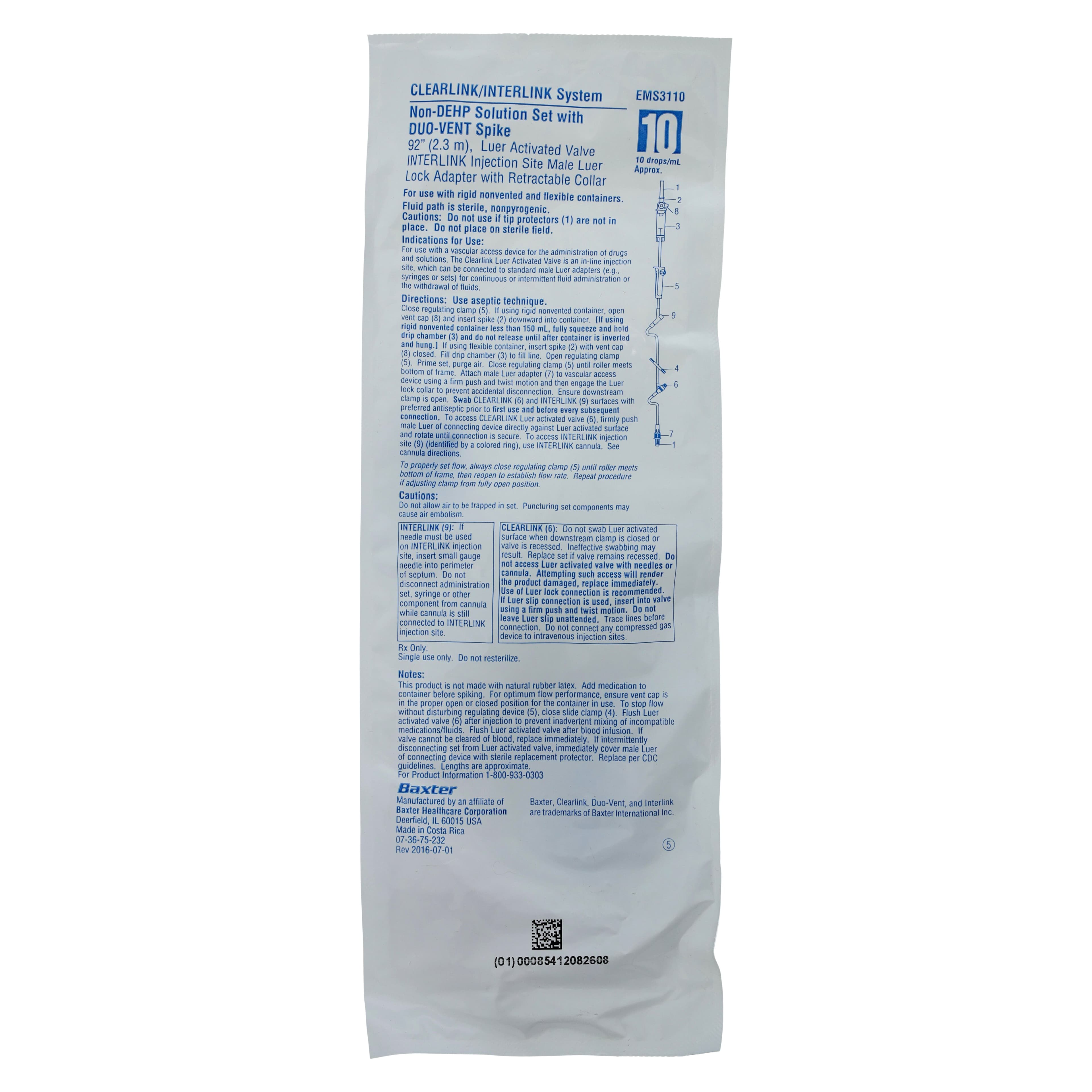 Baxter Clearlink/Interlink IV Duo 10D EMS IV Solution Set, 10 Drops/mL, 92" Male Luer Lock, Sterile thumbnail 3