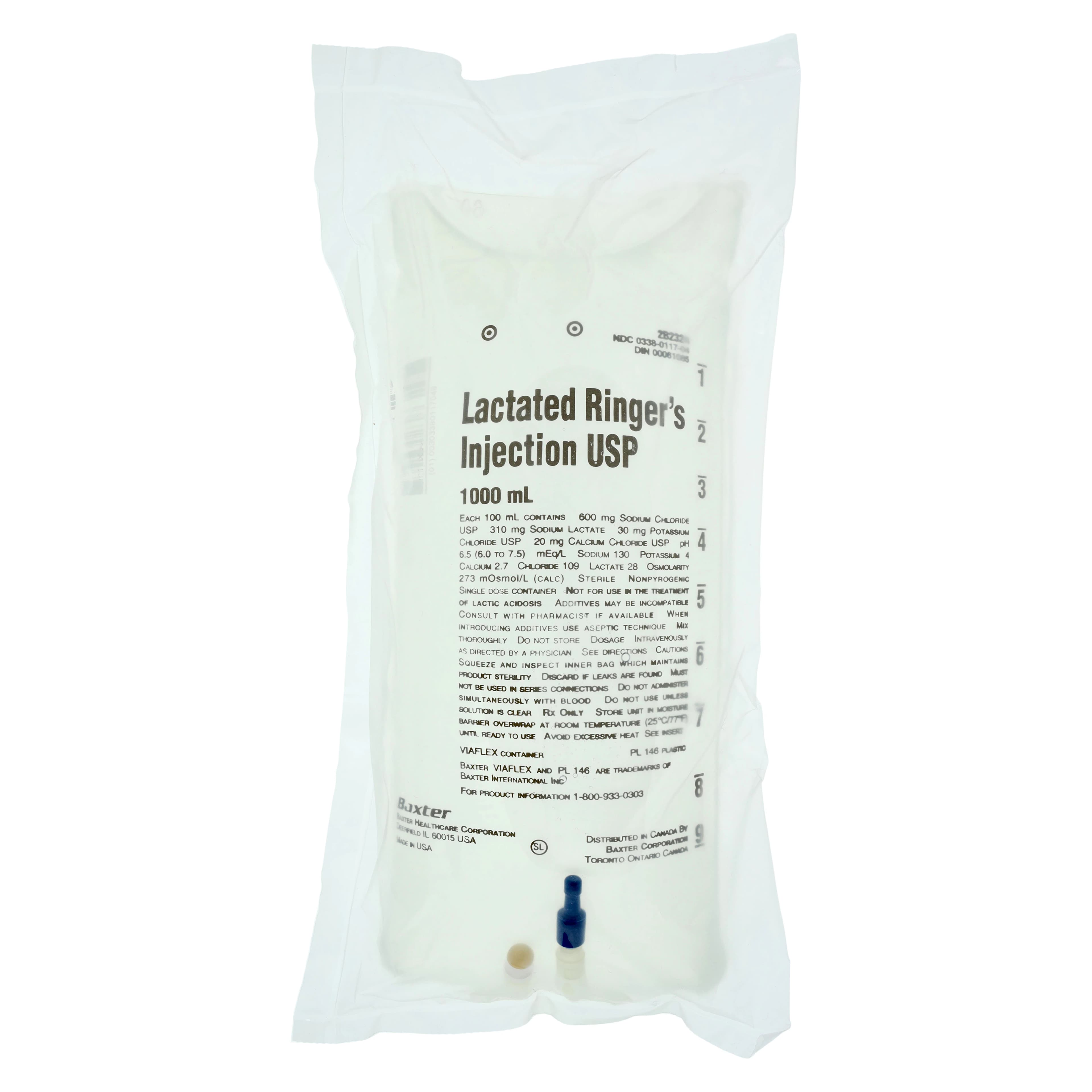 Baxter Lactated Ringers Injection Solution, 1000 mL, Viaflex Plastic Container, USP, Sterile, Latex-Free, Each - Lactated Ringers Inj Bag - Image 1