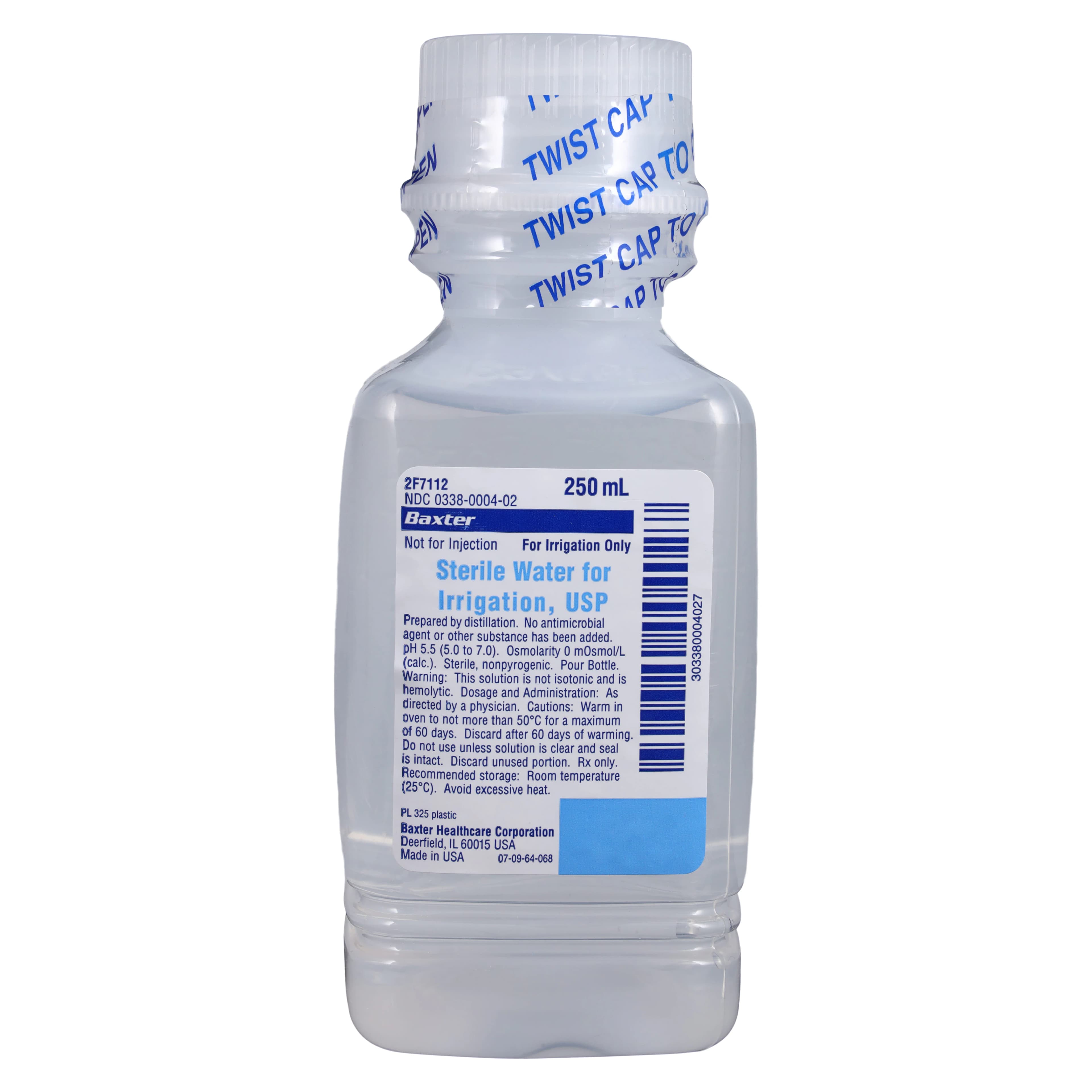 Sterile Water for Irrigation, USP, 250 mL Plastic Pour Bottle, Not for Injection, Non-Pyrogenic, 2F7112 - Sterile Water for Irrigation, USP, 250 ml, Plastic Pour Bottle, Not for Injection, Non-Pyrogenic, Sterile, 2F7112 - Image 1