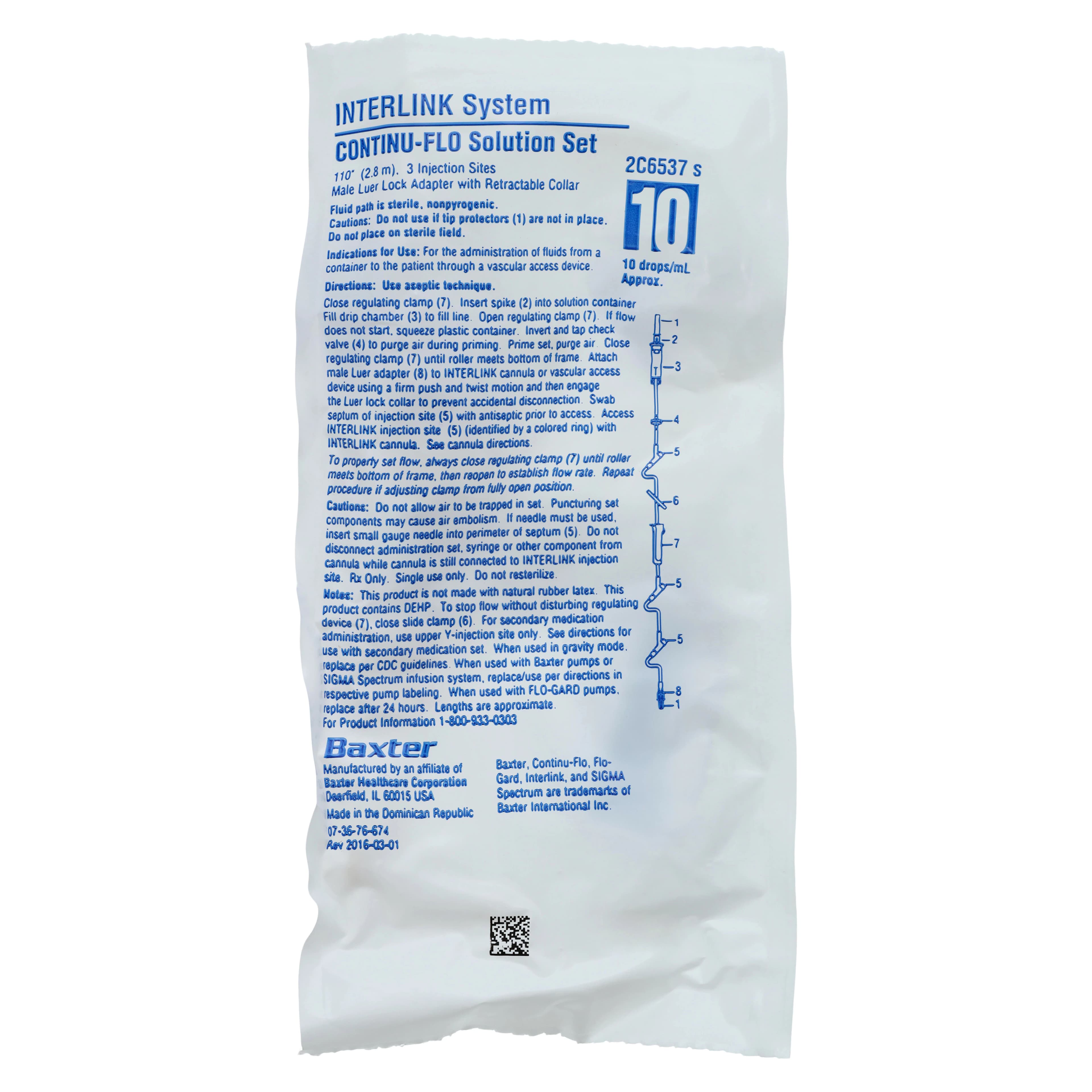 Baxter CONTINU-FLO IV Solution Set, Non-Vented, 3 INTERLINK Injection Sites, Backcheck Valve, 10 drops/mL, 110" Tubing, Case of 48 thumbnail 3