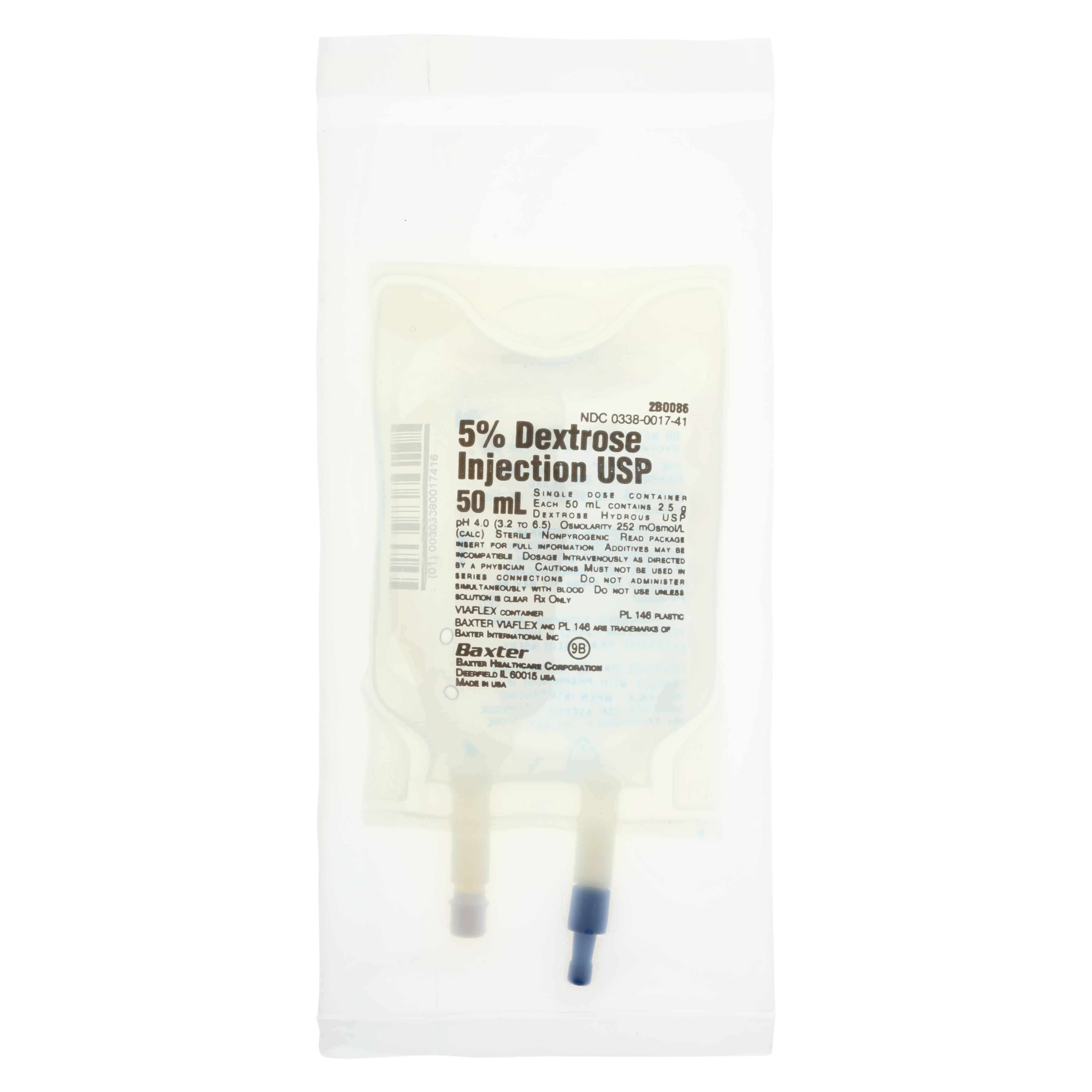 Baxter Viaflex Dextrose 5% in Water IV Injection Solution, 50 mL, Plastic Container, Sterile, DEHP-Free, Latex-Free, Each - Dextrose 5% In Water Inj - Image 1