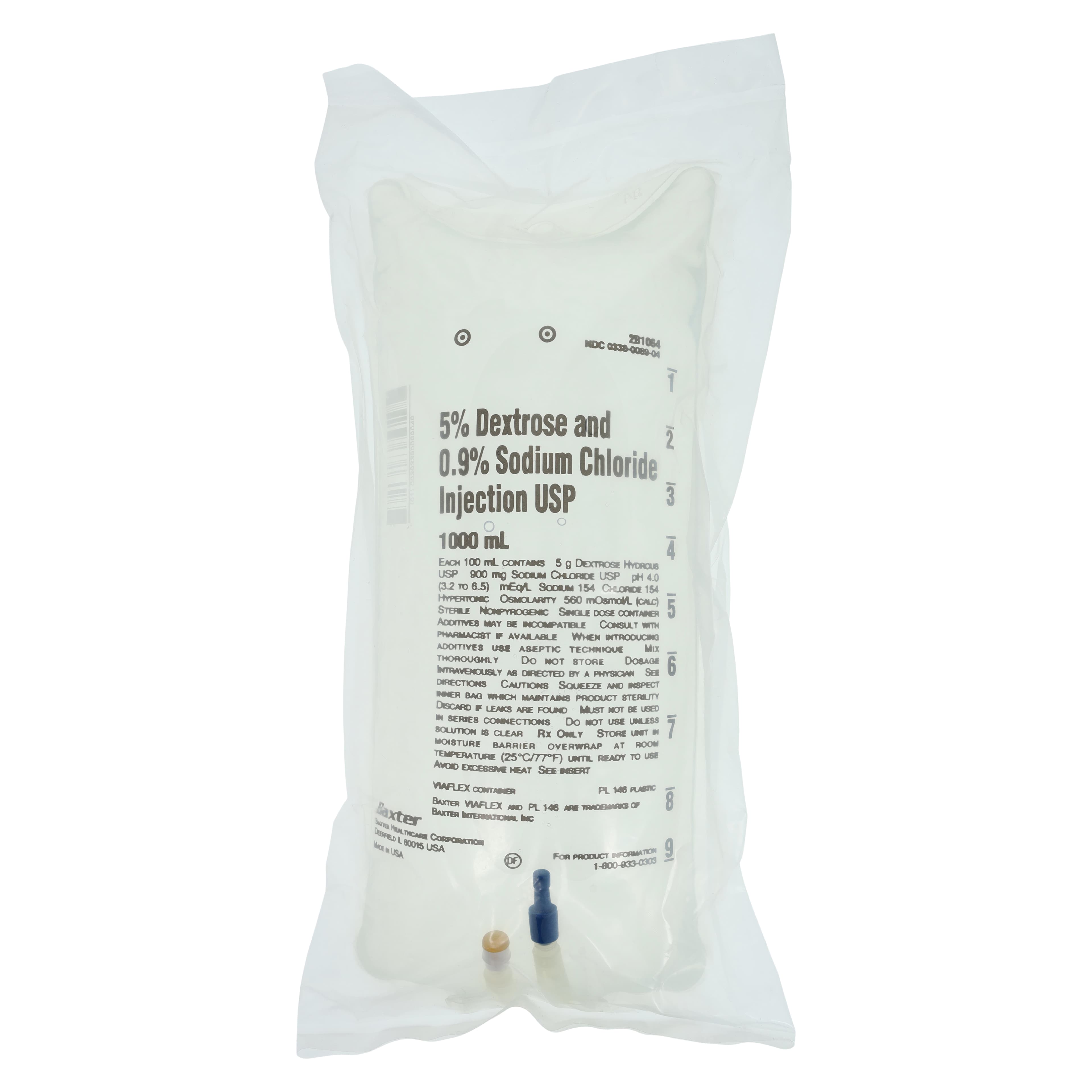 Baxter Viaflex IV Injection Solution, Dextrose 5% / Sodium Chloride 0.9%, 1000mL Plastic Container, USP, Sterile, Each - Dex 5% & 0.9% Sodium Chlo Inj - Image 1