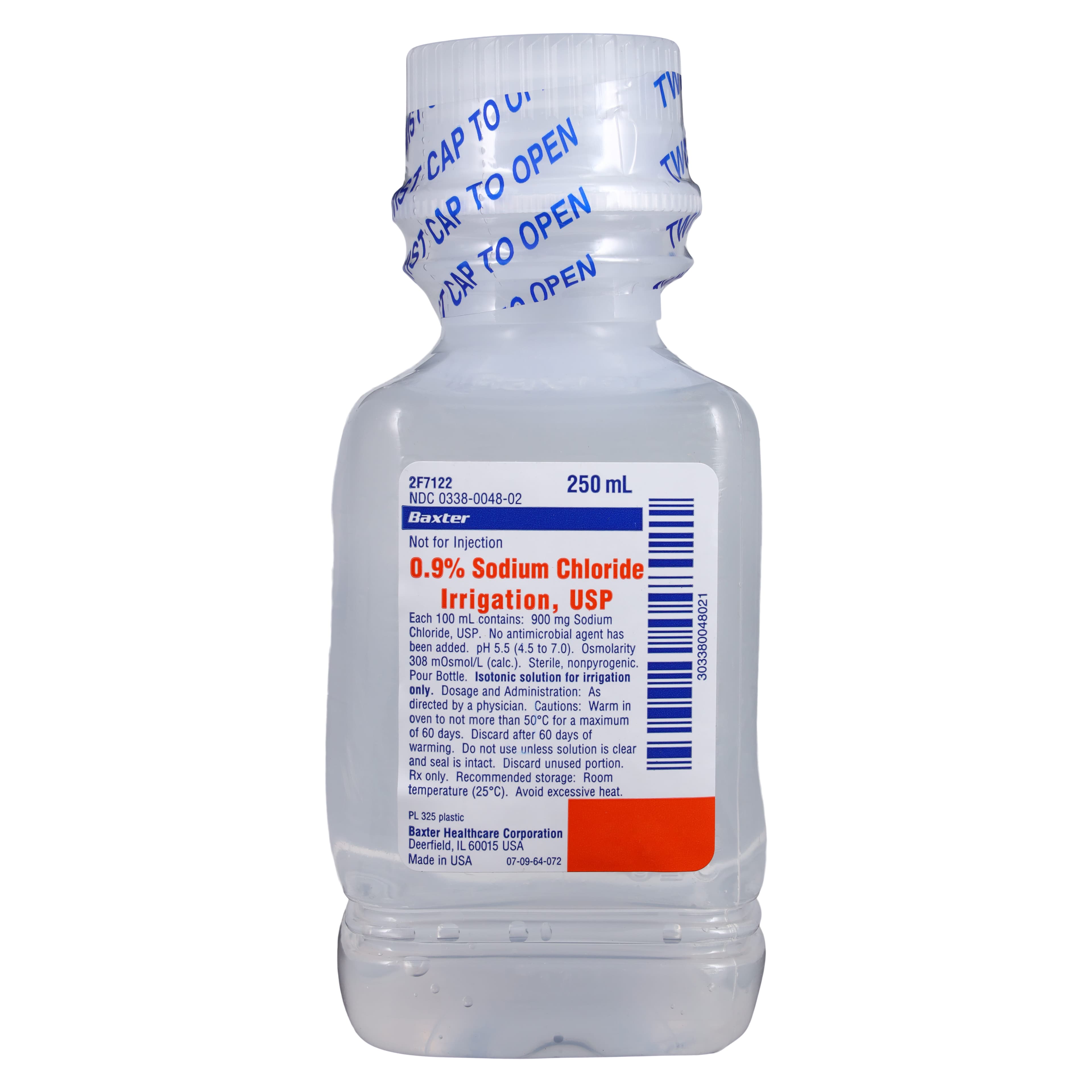 Baxter 0.9% Sodium Chloride Irrigation Solution, USP, 250 mL Plastic Pour Bottle, 24/Case, 2F7122 - Irrigation Solution Sodium Chloride 0.9% 250mL Plastic Pour Bottle Case/24 - Image 1