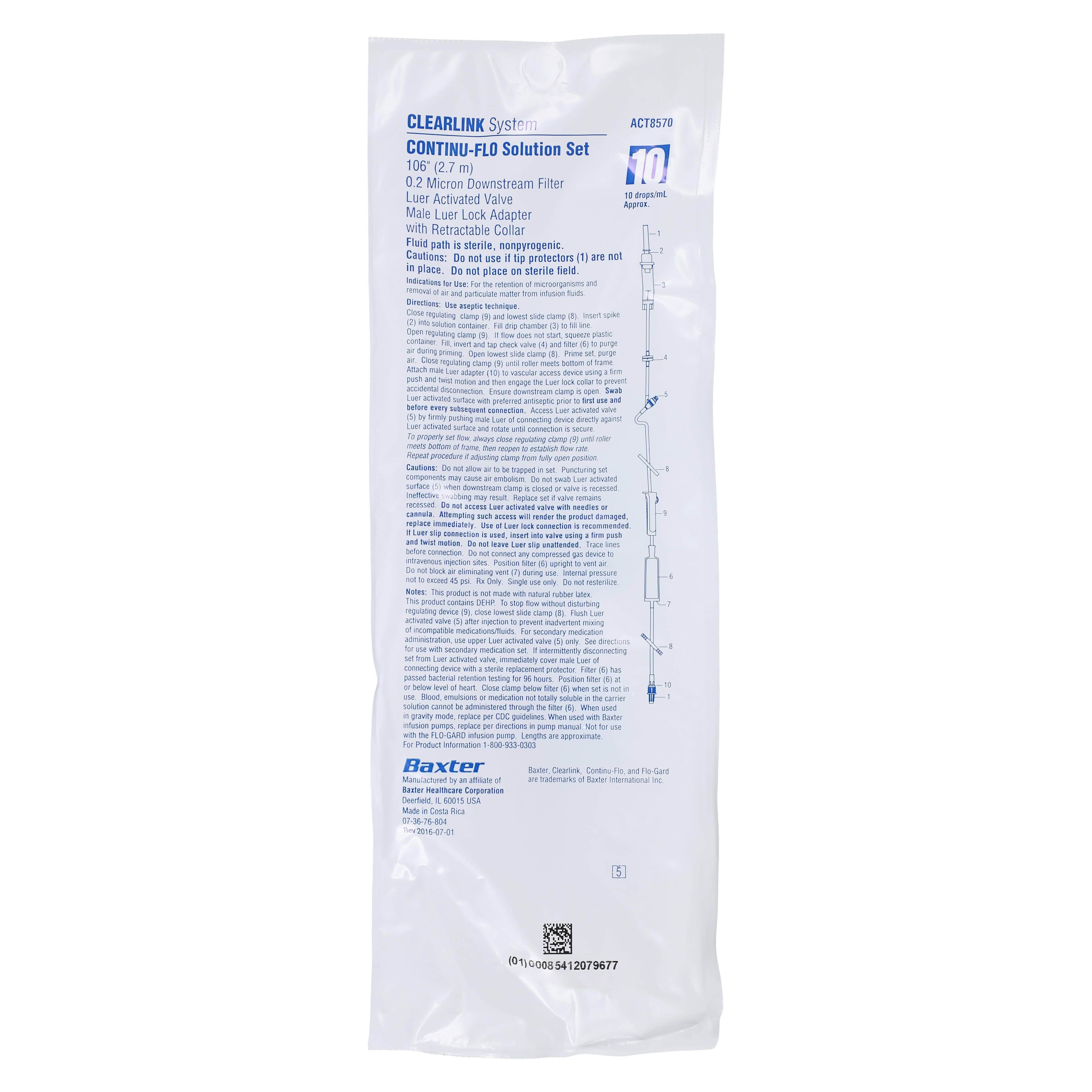 Baxter Clearlink Continu-Flo IV Solution Set, 0.22 Micron High Pressure Extended Life Filter, 10 Drops/mL, 106" Male Luer Lock Adapter, Primary Infusion, 48/Case - Clearlink Continu-Flo IV Set - Image 1