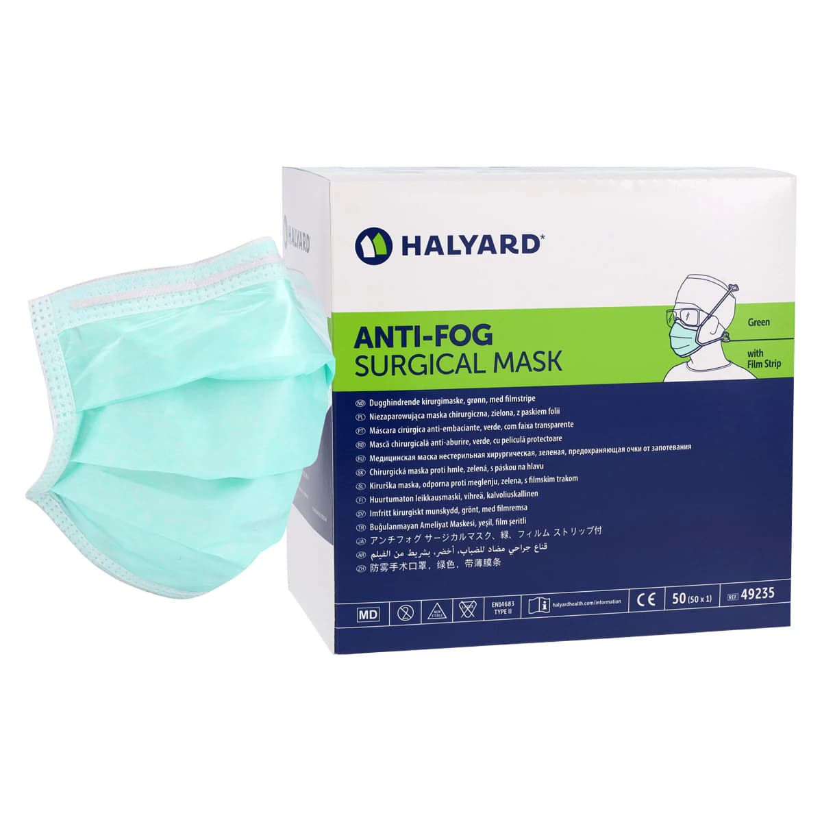 Halyard Specialty Anti-Fog Surgical Mask, Tie-On, Green, 50/Box - Specialty Anti-Fog Surgical Mask Green 50Bx - Image 1