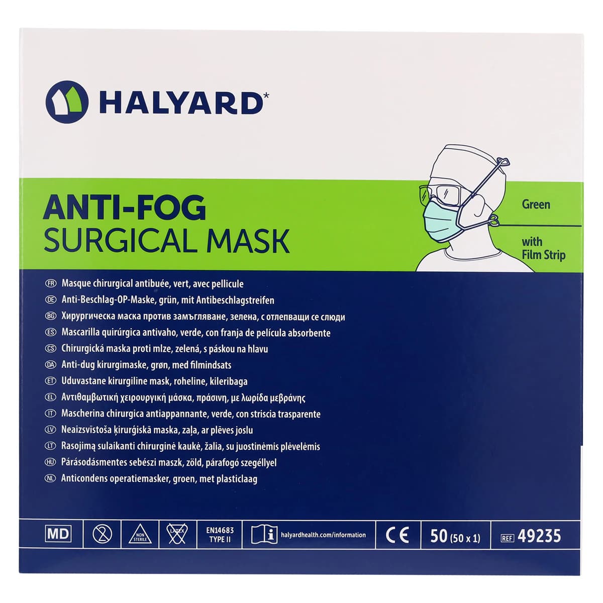 Halyard Specialty Anti-Fog Surgical Mask, Tie-On, Green, 50/Box thumbnail 6
