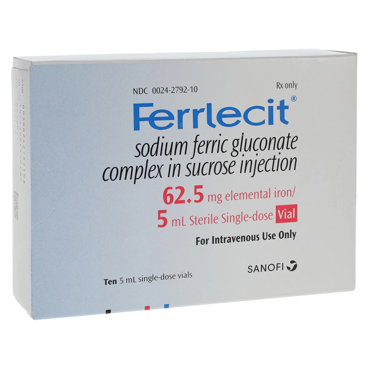 Ferrlecit (Sodium Ferric Gluconate Complex) Injection, 62.5 mg/5 mL Single-Dose Vial, 10/Package - Ferrlecit Injection Vial 5mL - Image 1