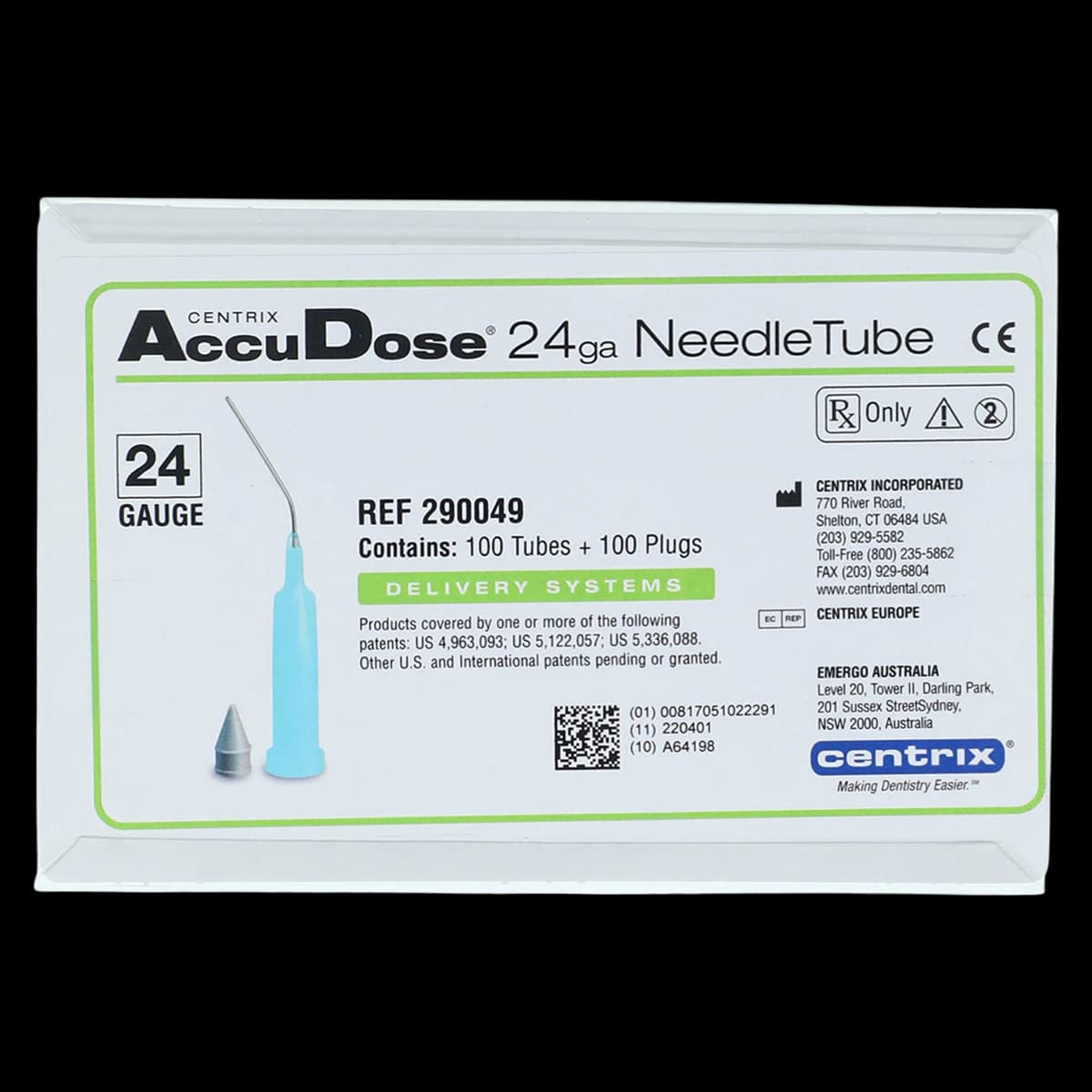 Centrix AccuDose NeedleTubes, 24 Gauge, Aqua Blue, 100/Box, 290049 - Accudose Needletube 24GA (100) - Image 1