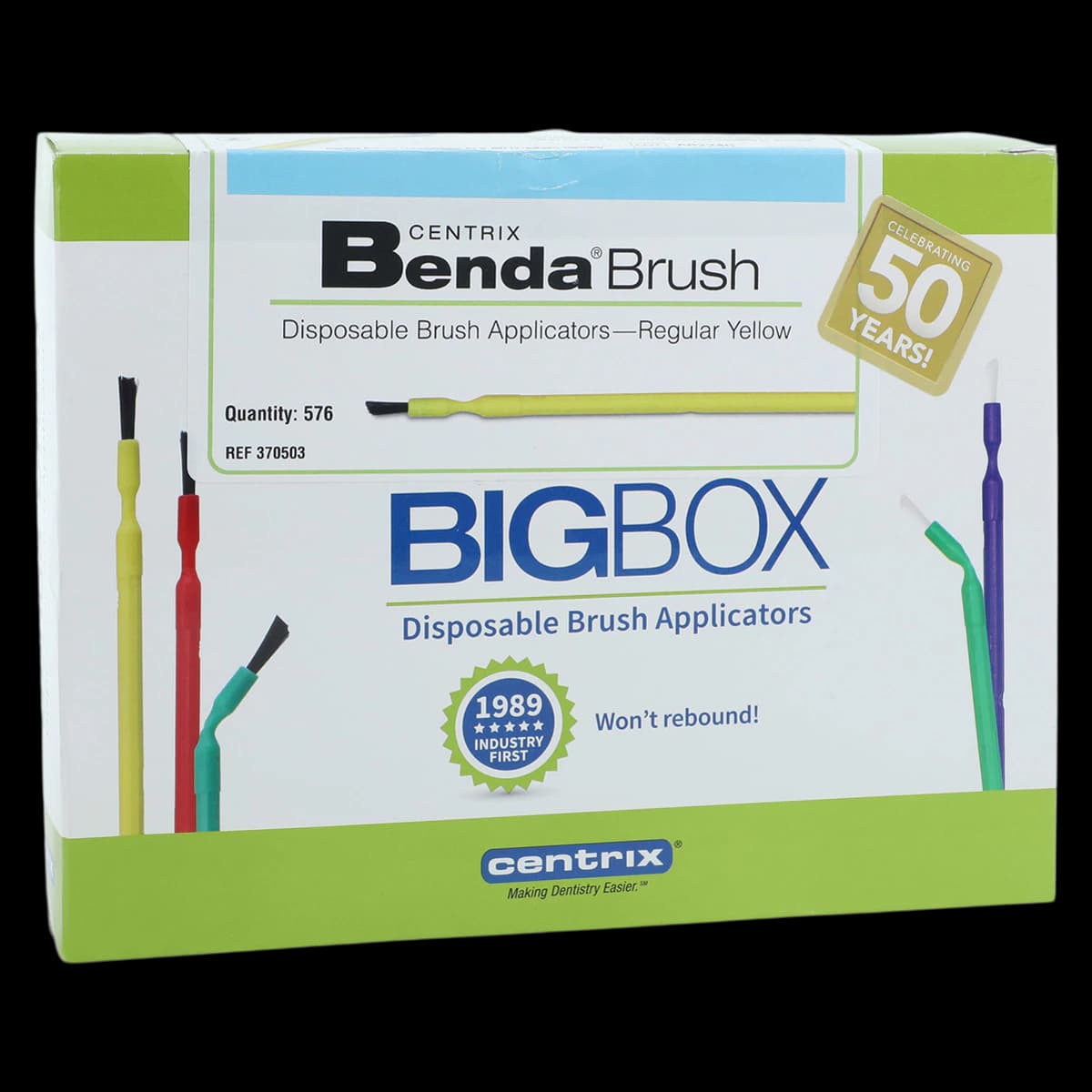 Centrix Benda Brush Disposable Applicator, Regular Point, Yellow Handle, Black Bristles, Single-Ended, 576/Box, 370503 - Benda Brush Big Box Reg Yellow (576) - Image 1