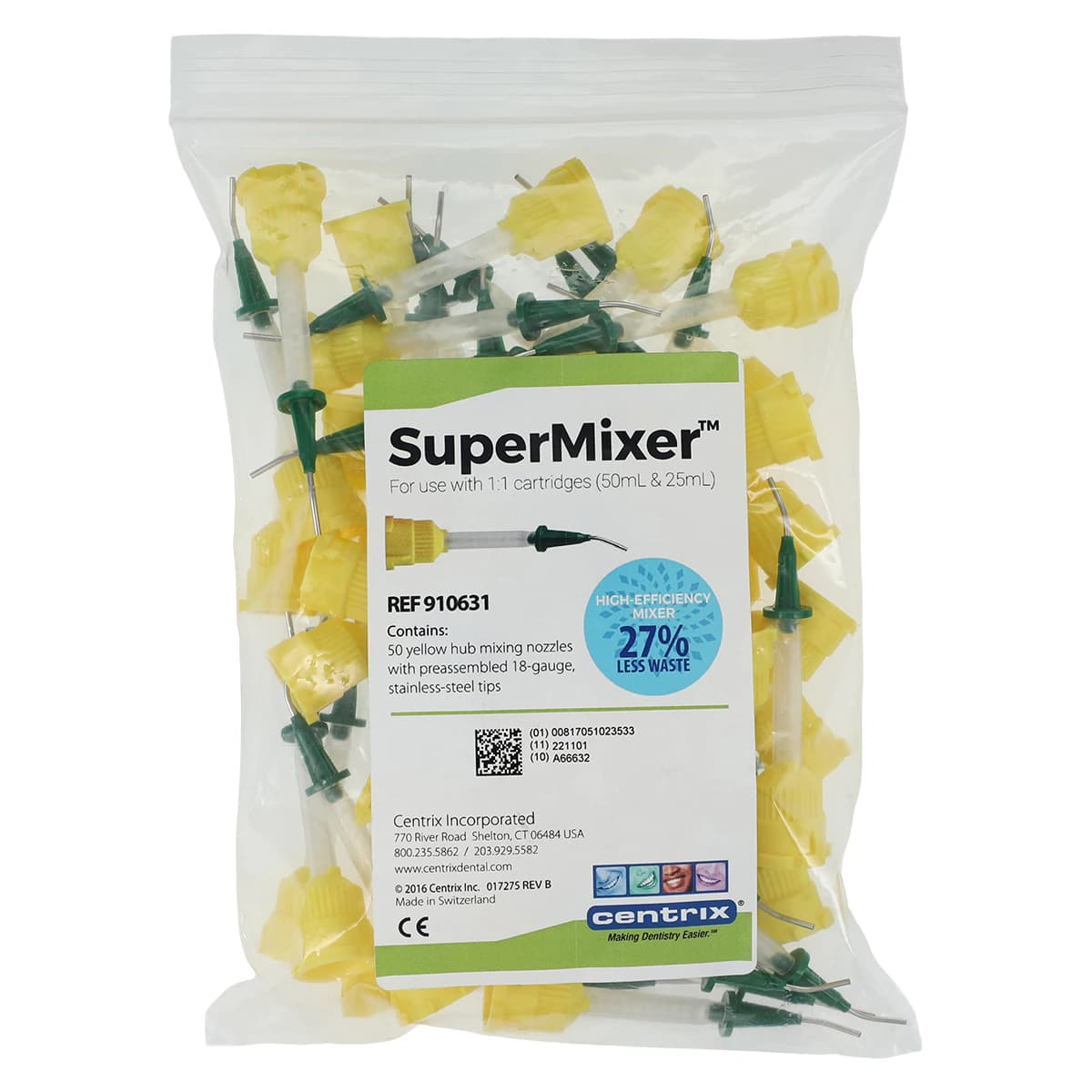 Centrix SuperMixer Automix Mixing Nozzles, Yellow Hub with 18g Green Tip, 50/Pk, 910631 - DS-25, 50/Pkg, Yellow, 910631 - Image 1