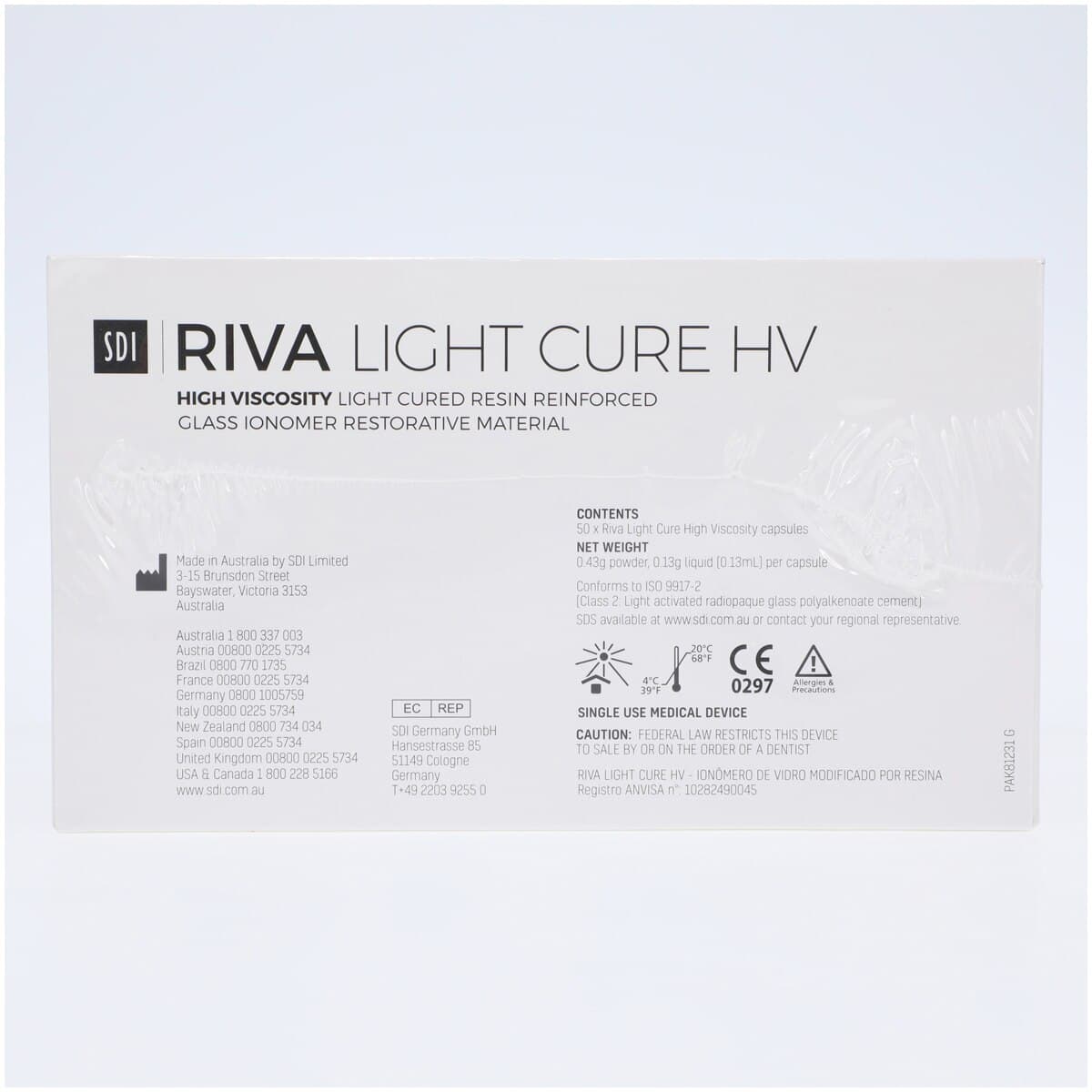 SDI Riva Light Cure HV Glass Ionomer Restorative Capsules, Shade A1, High Viscosity, 50/Box, 8730001 thumbnail 3