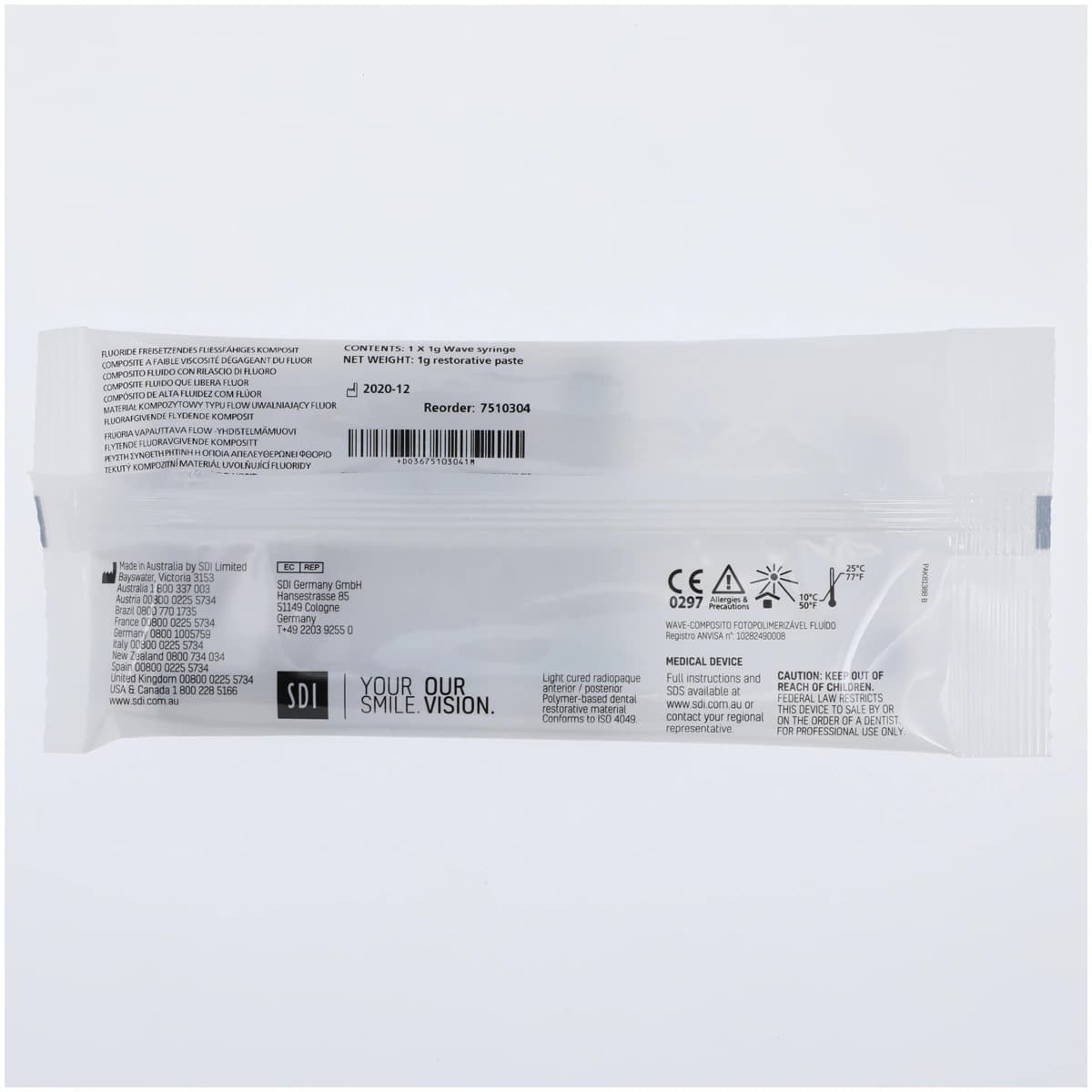 SDI Wave Nanofilled Flowable Composite, Light-Cure, Low Viscosity, Syringe Refill, Shade A3, 1 g, 5 Tips, 7510304 - Wave Nanofilled Flowable Composite, Light-Cure, Syringe Refill, Low Viscosity, 1 g, A3, 1/Pk, 7510304 - Image 1