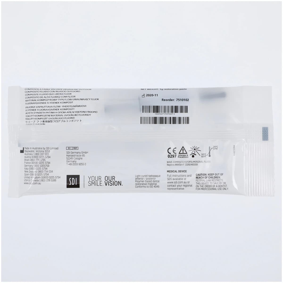 SDI Wave Nanofilled Flowable Composite, Light-Cure, Low Viscosity, Syringe Refill, Shade A1, 1 g, 5 Tips, 1/Pk, 7510102 thumbnail 2